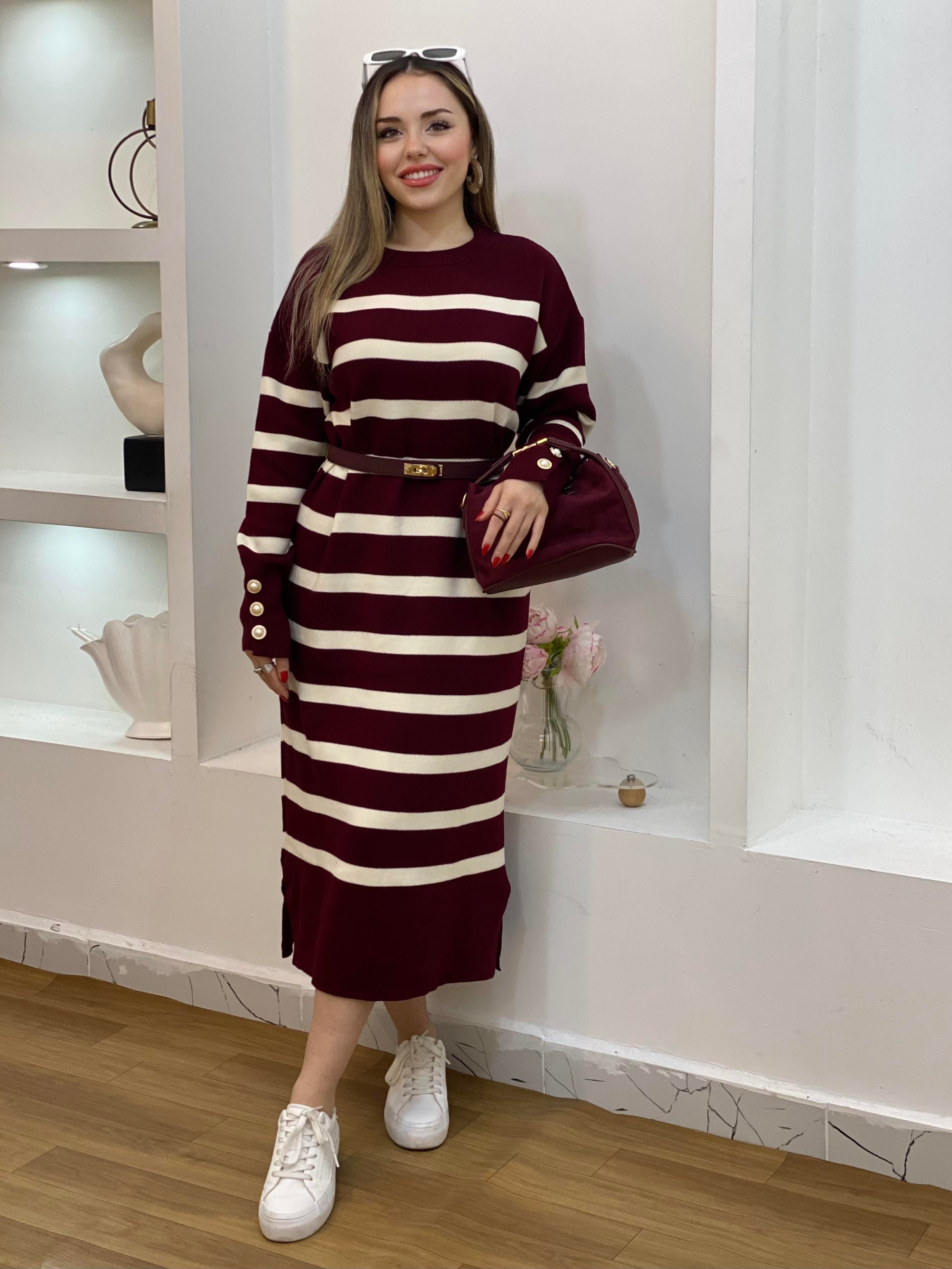Bordo Çizgili Bilek Düğmeli Triko Elbise