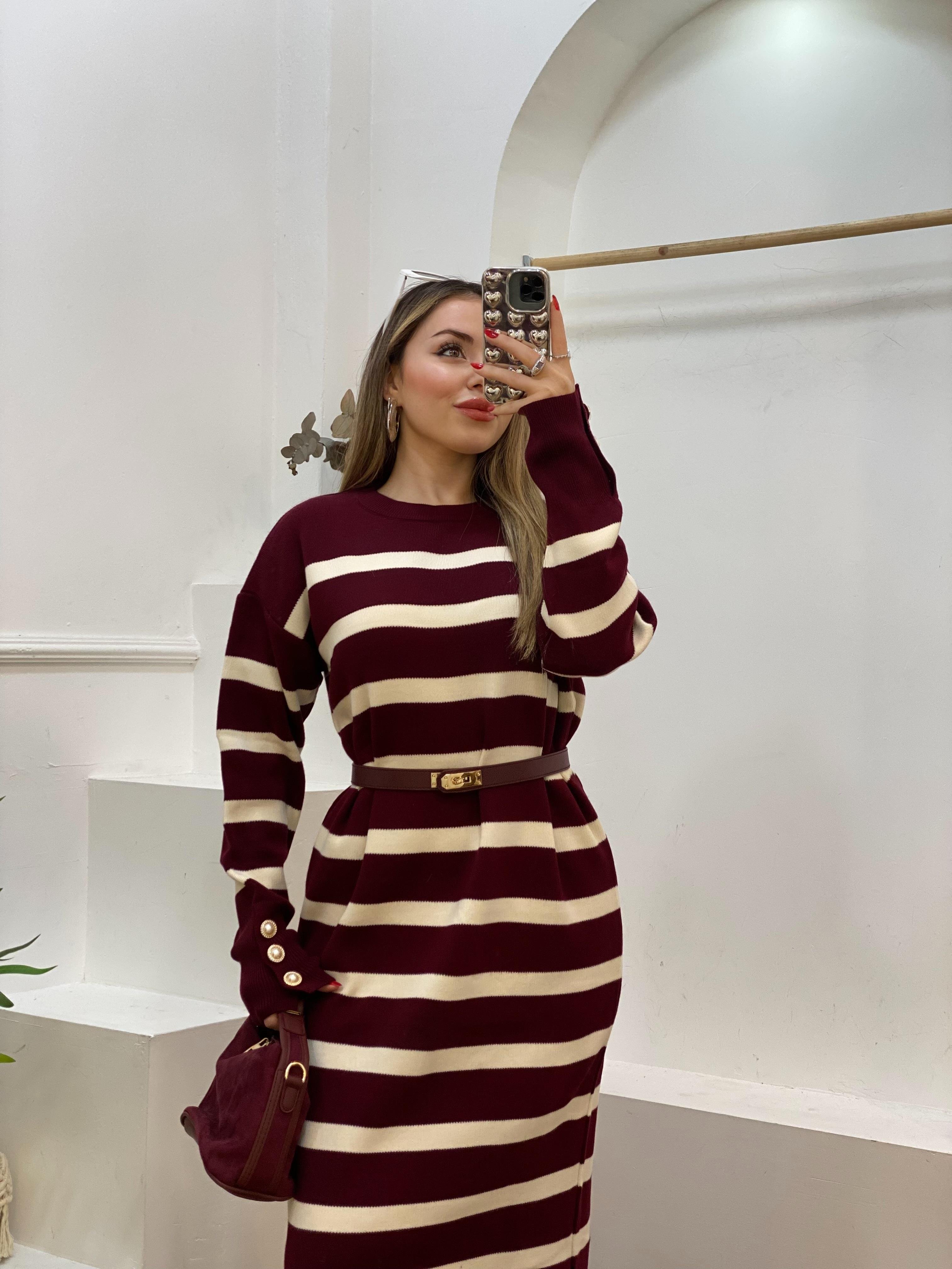 Bordo Çizgili Bilek Düğmeli Triko Elbise