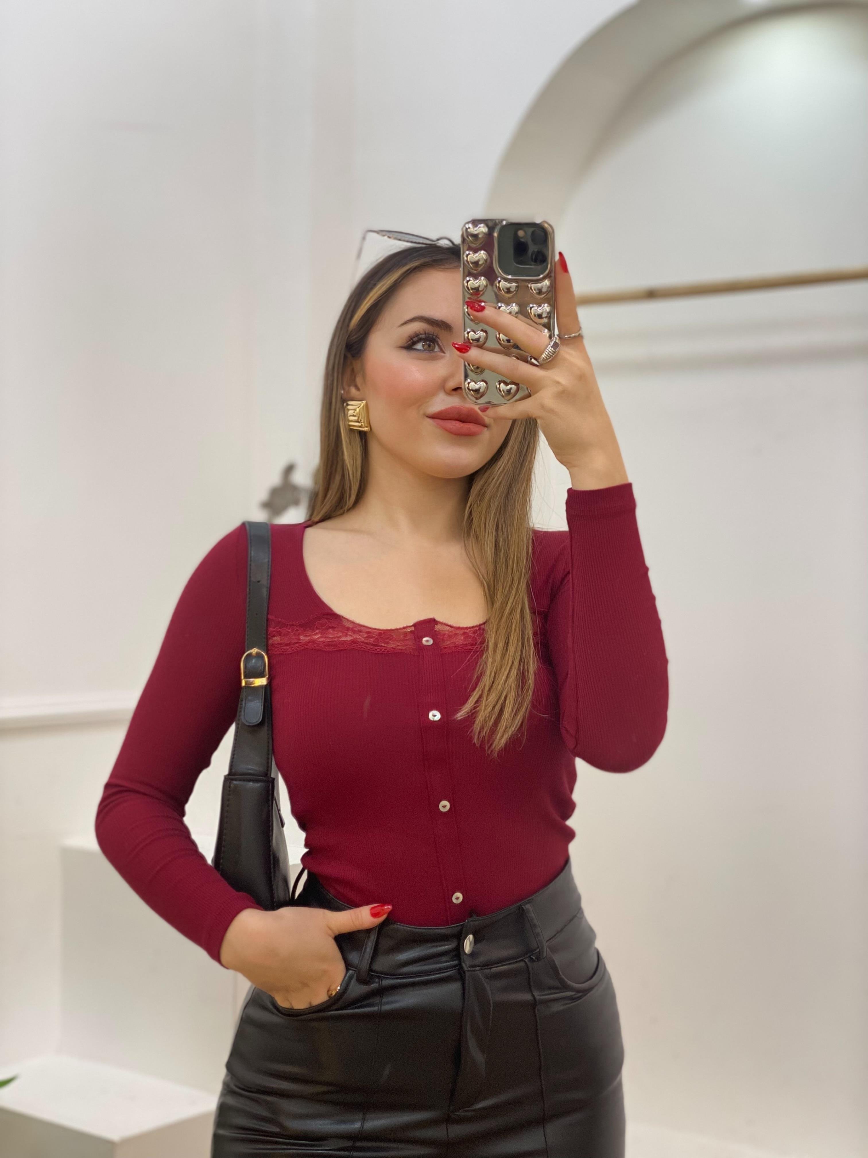 Bordo Dantel Detay Fitilli Basic Bluz