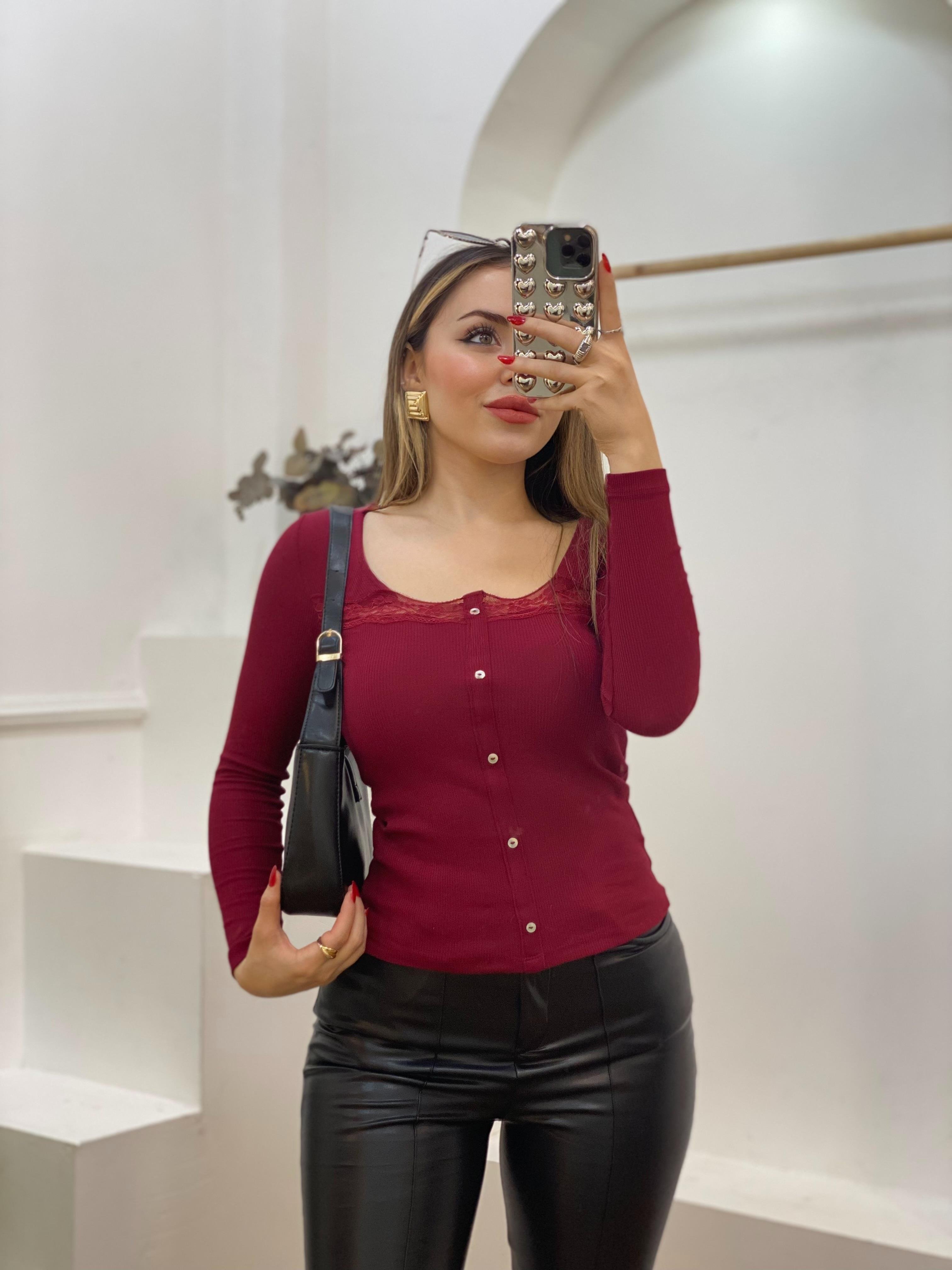 Bordo Dantel Detay Fitilli Basic Bluz