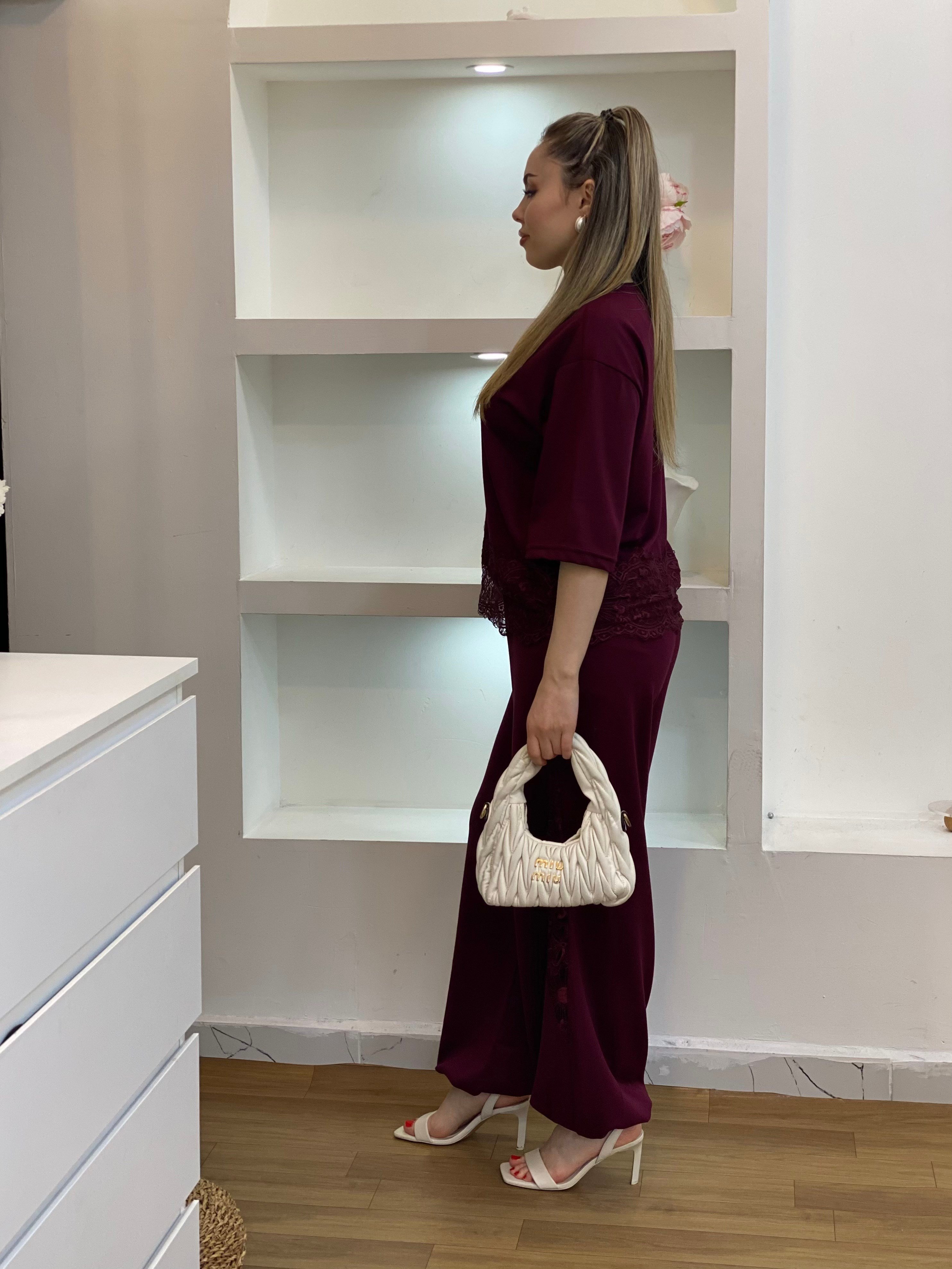Bordo Dantel Detaylı Modal Takım