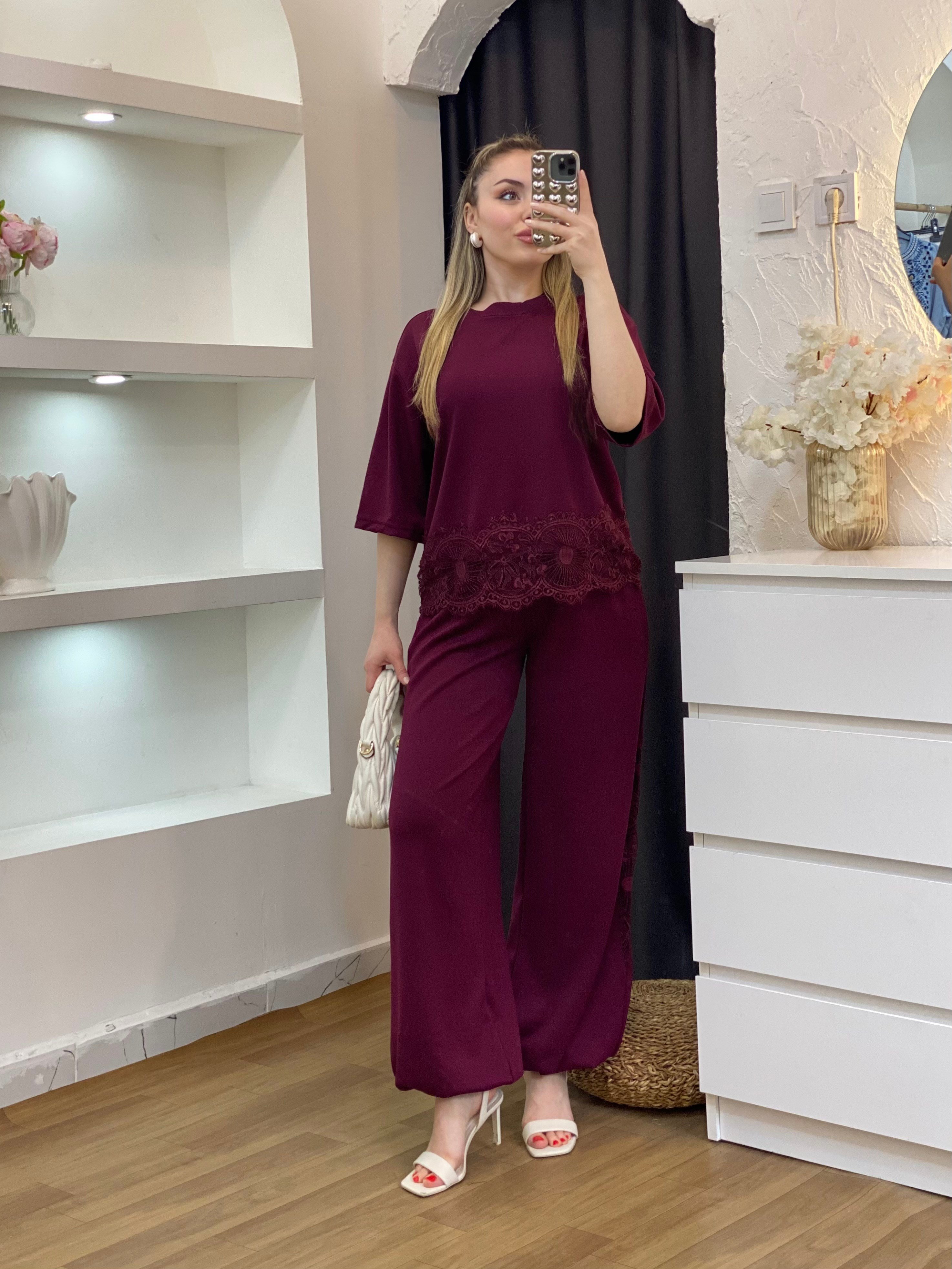 Bordo Dantel Detaylı Modal Takım