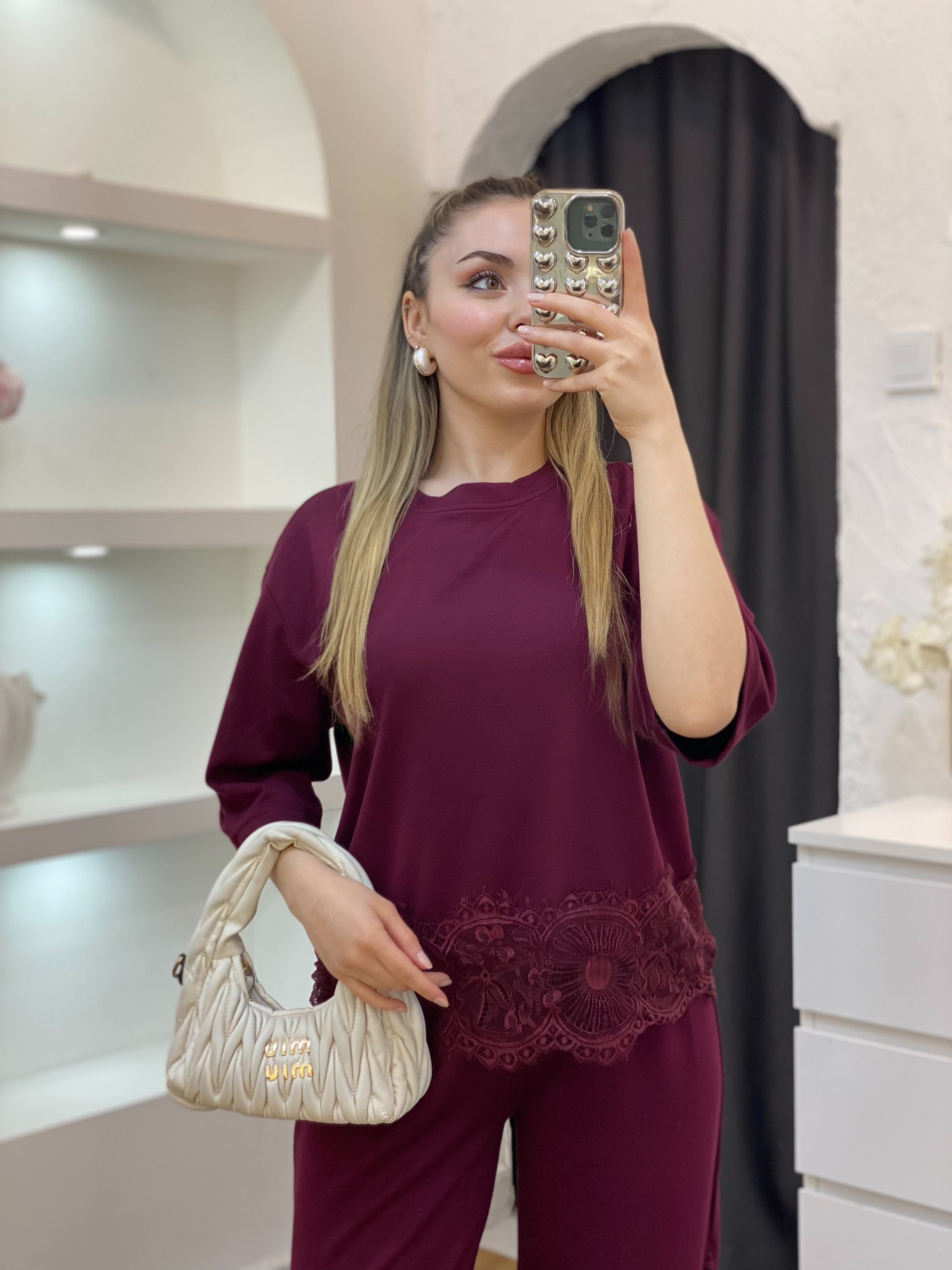 Bordo Dantel Detaylı Modal Takım