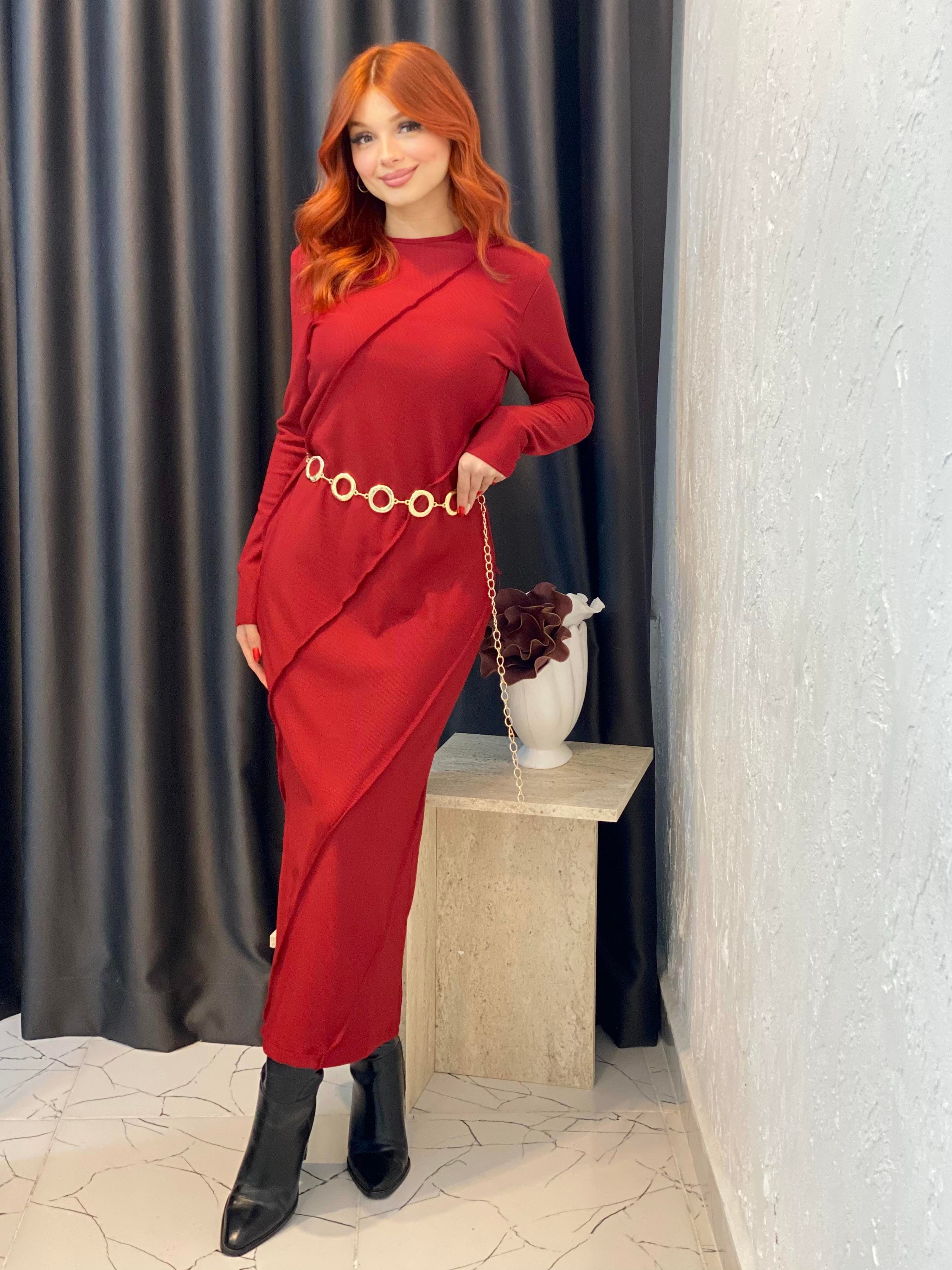 Bordo Dikişli Model Elbise 