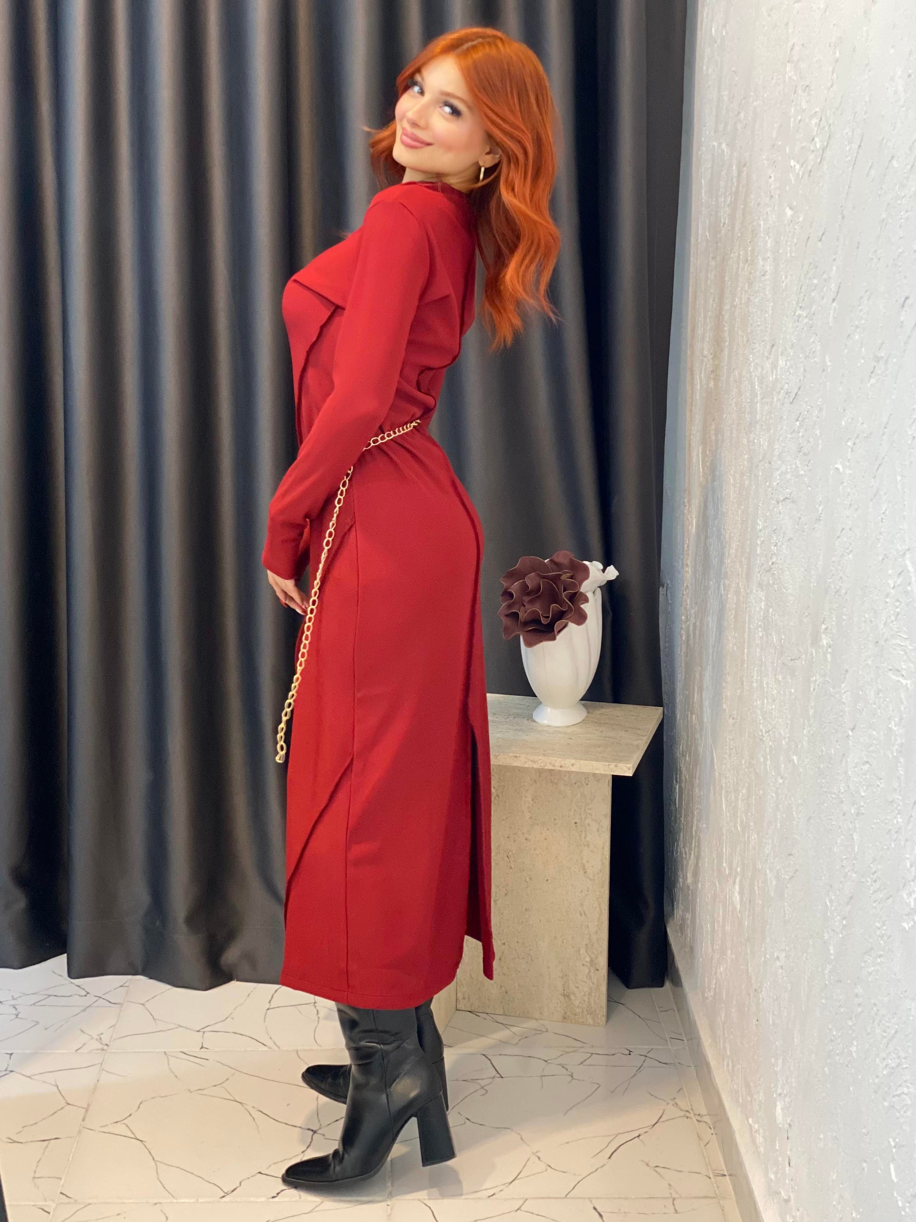 Bordo Dikişli Model Elbise 