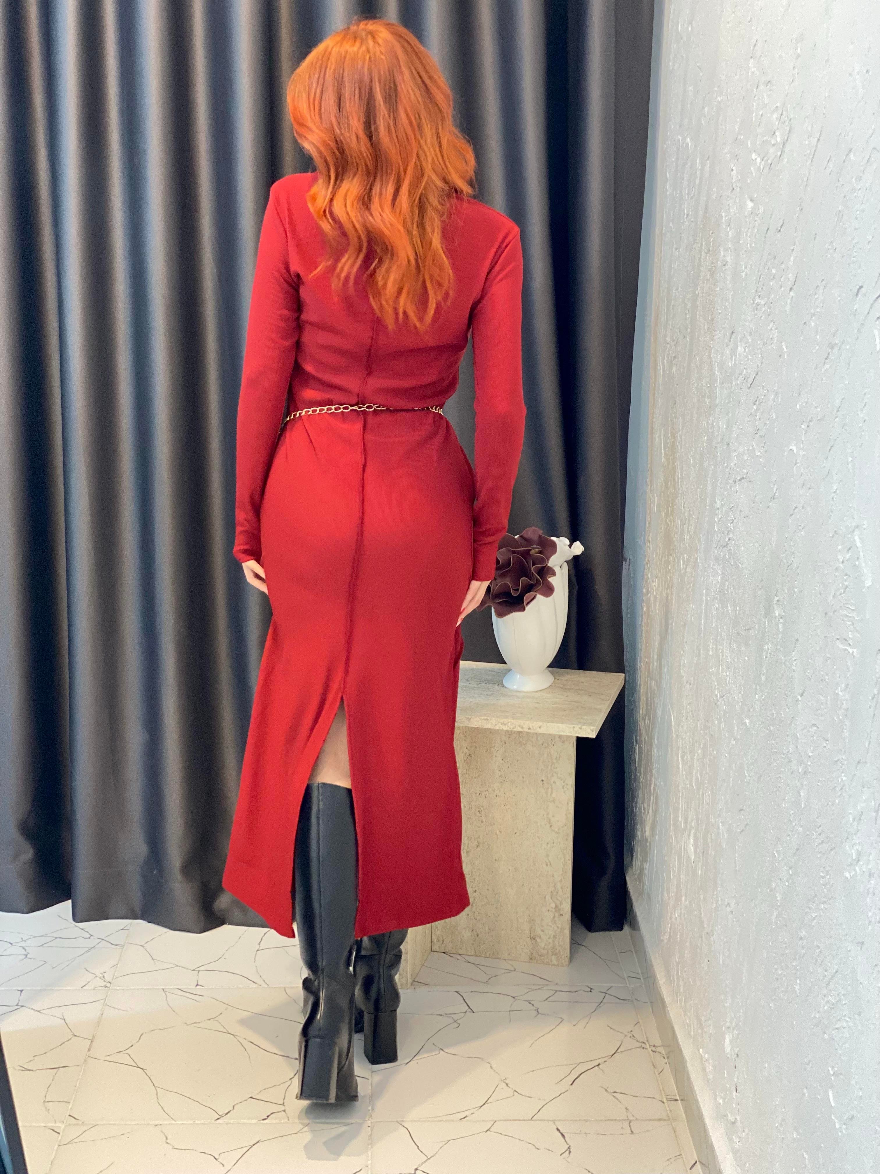 Bordo Dikişli Model Elbise 