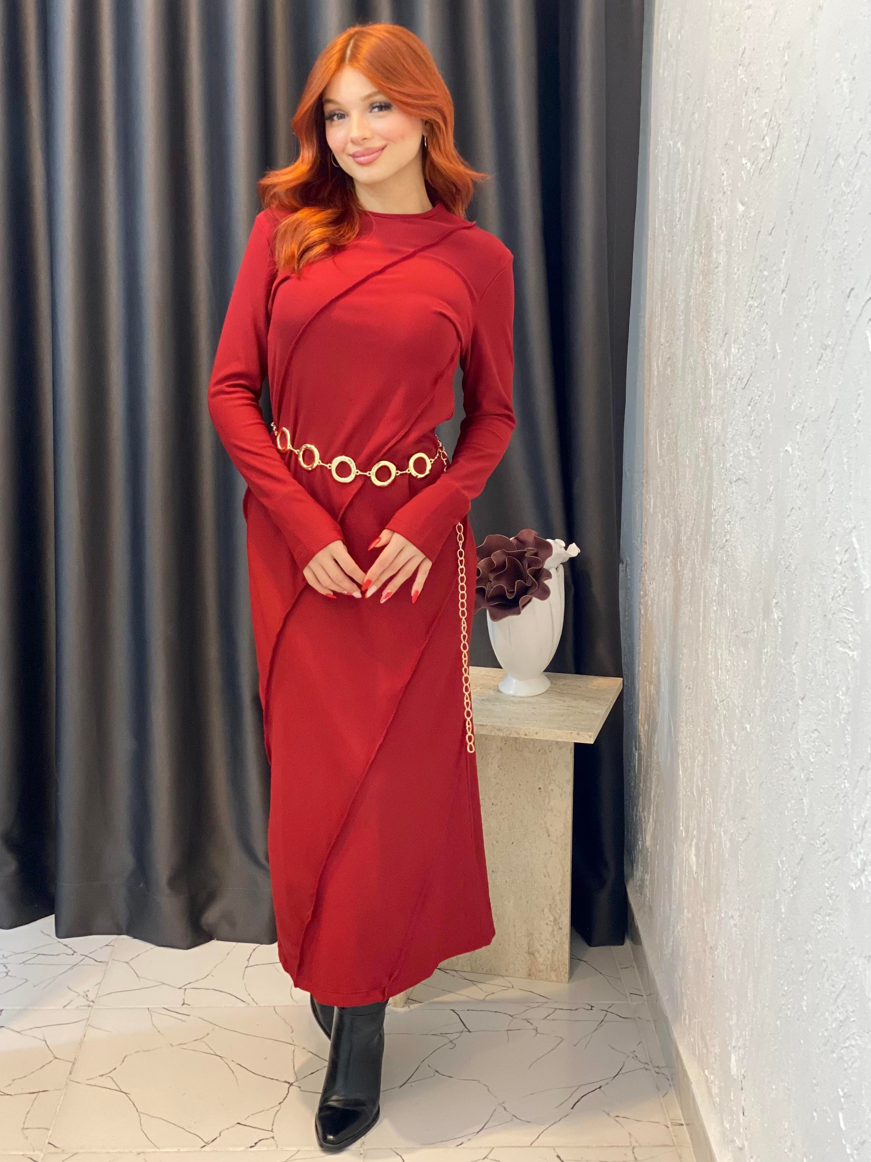 Bordo Dikişli Model Elbise 
