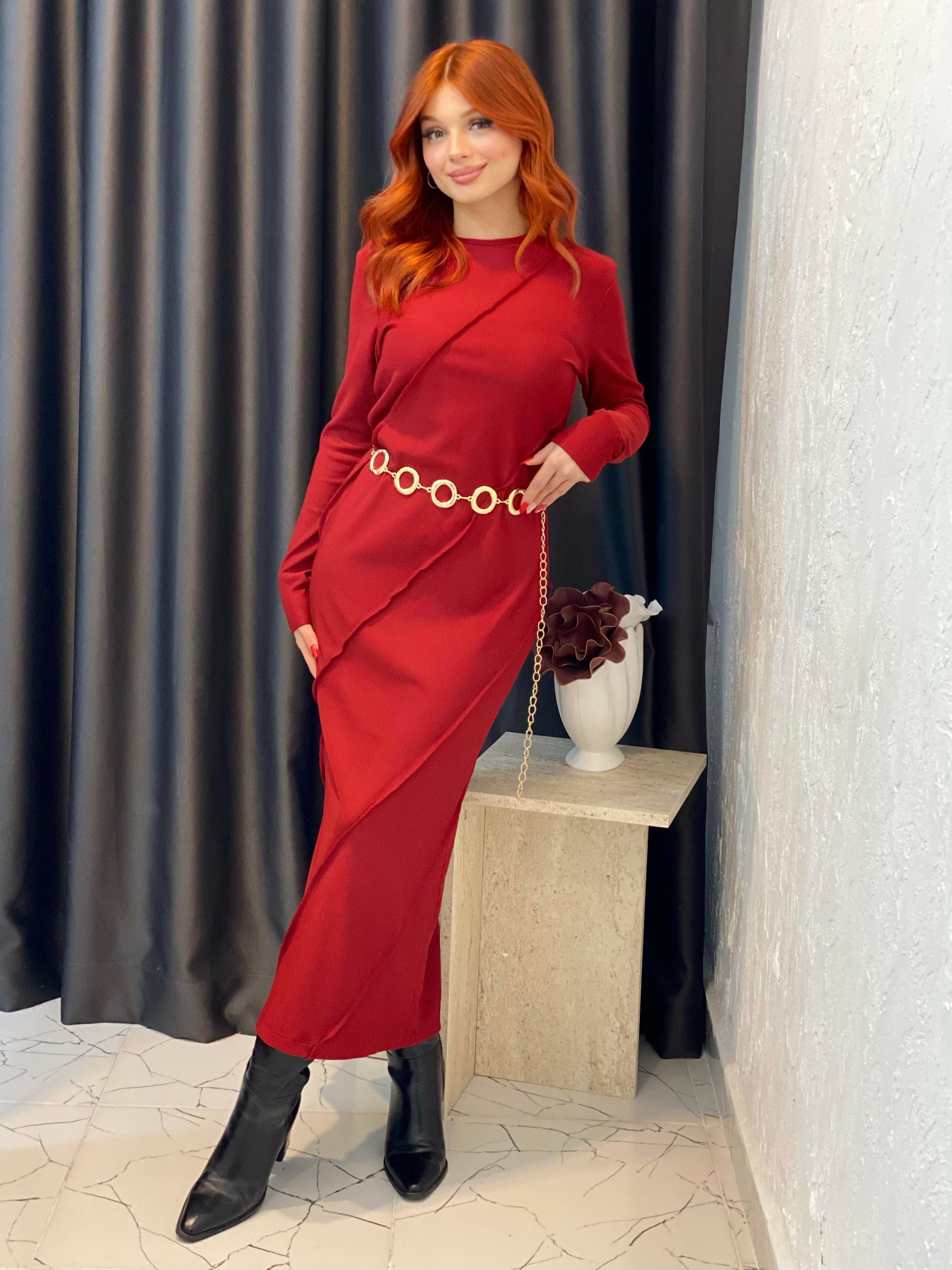 Bordo Dikişli Model Elbise 