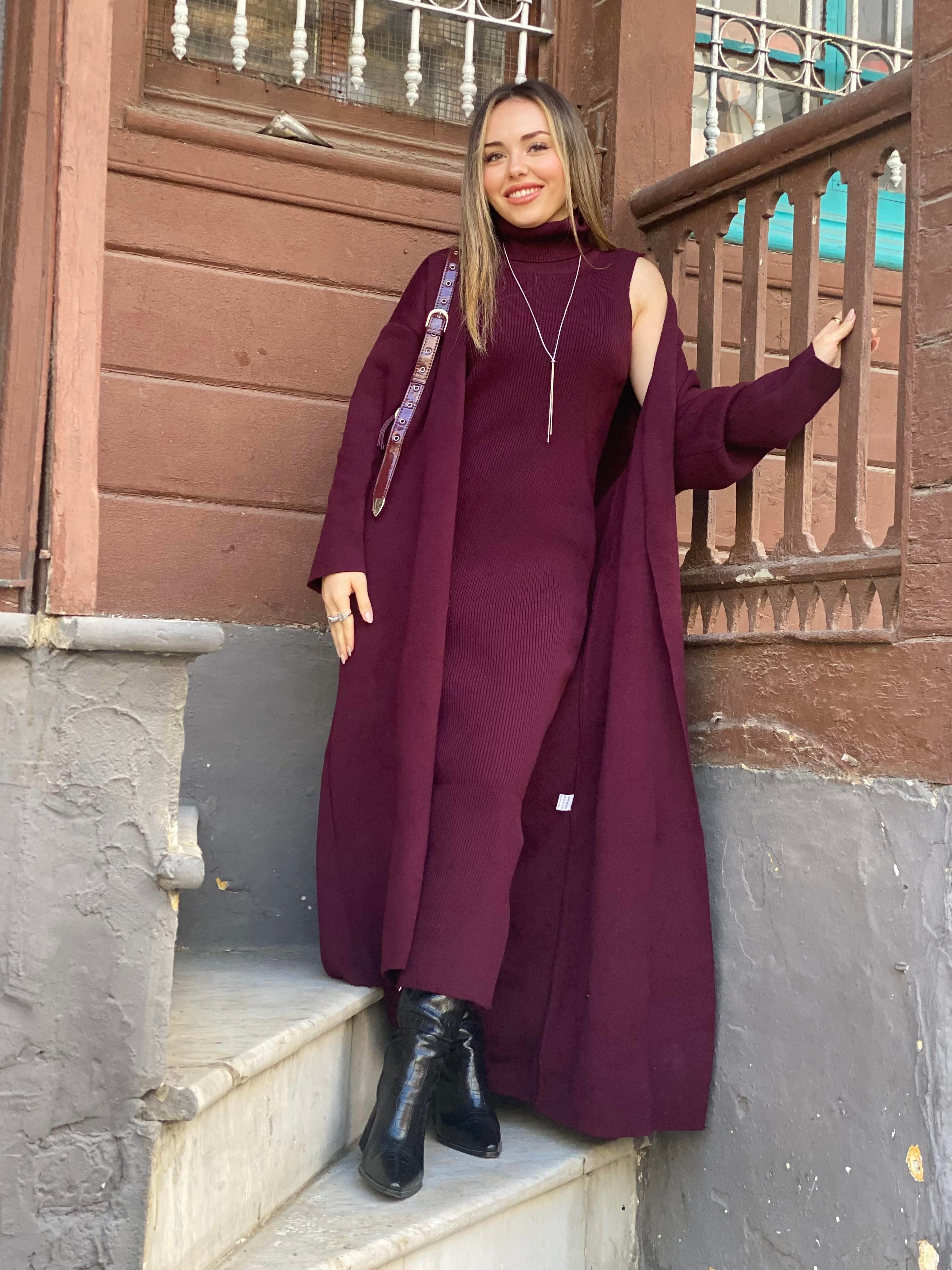 Bordo Elbise Hırka Triko Takım