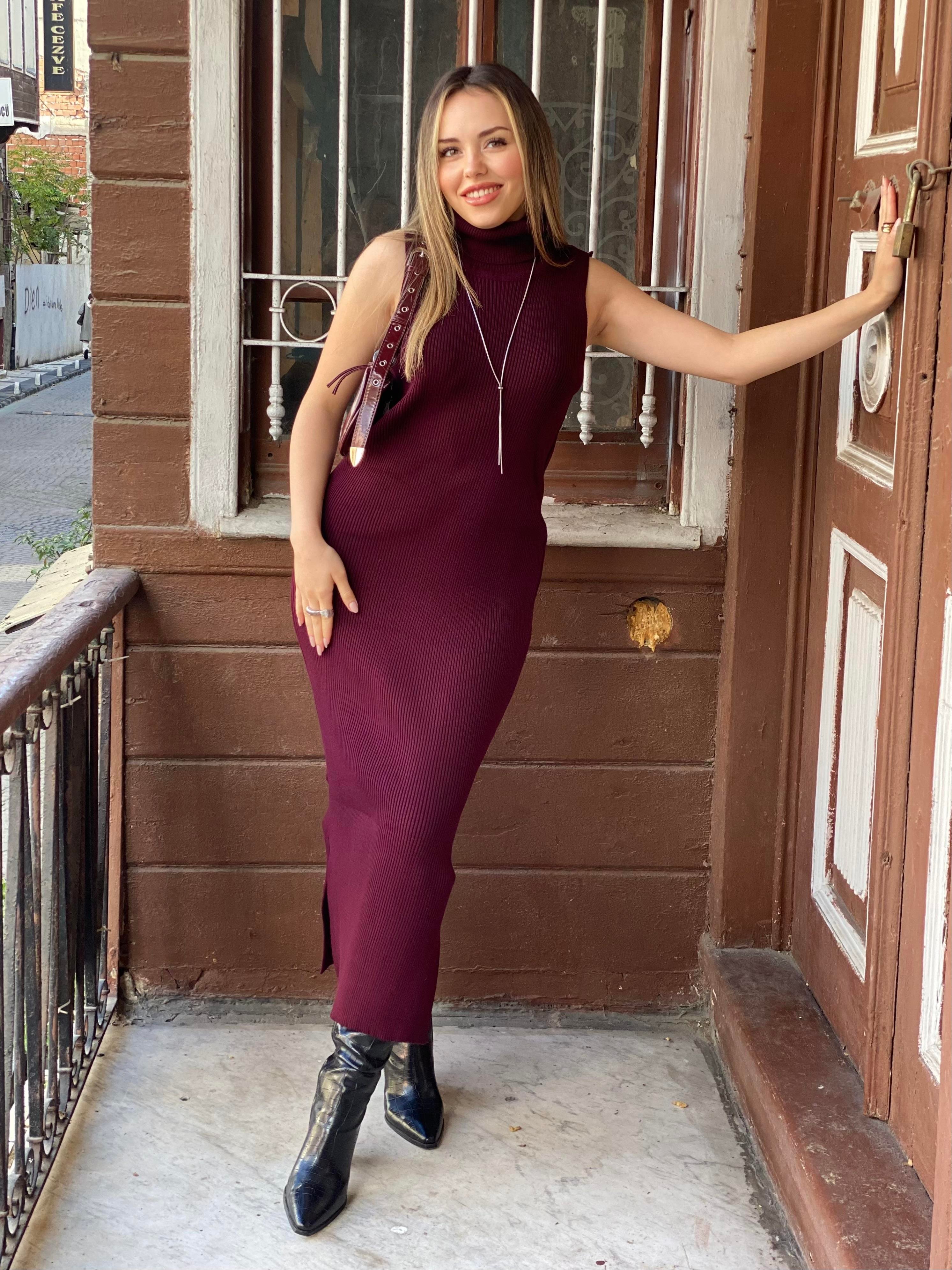 Bordo Elbise Hırka Triko Takım