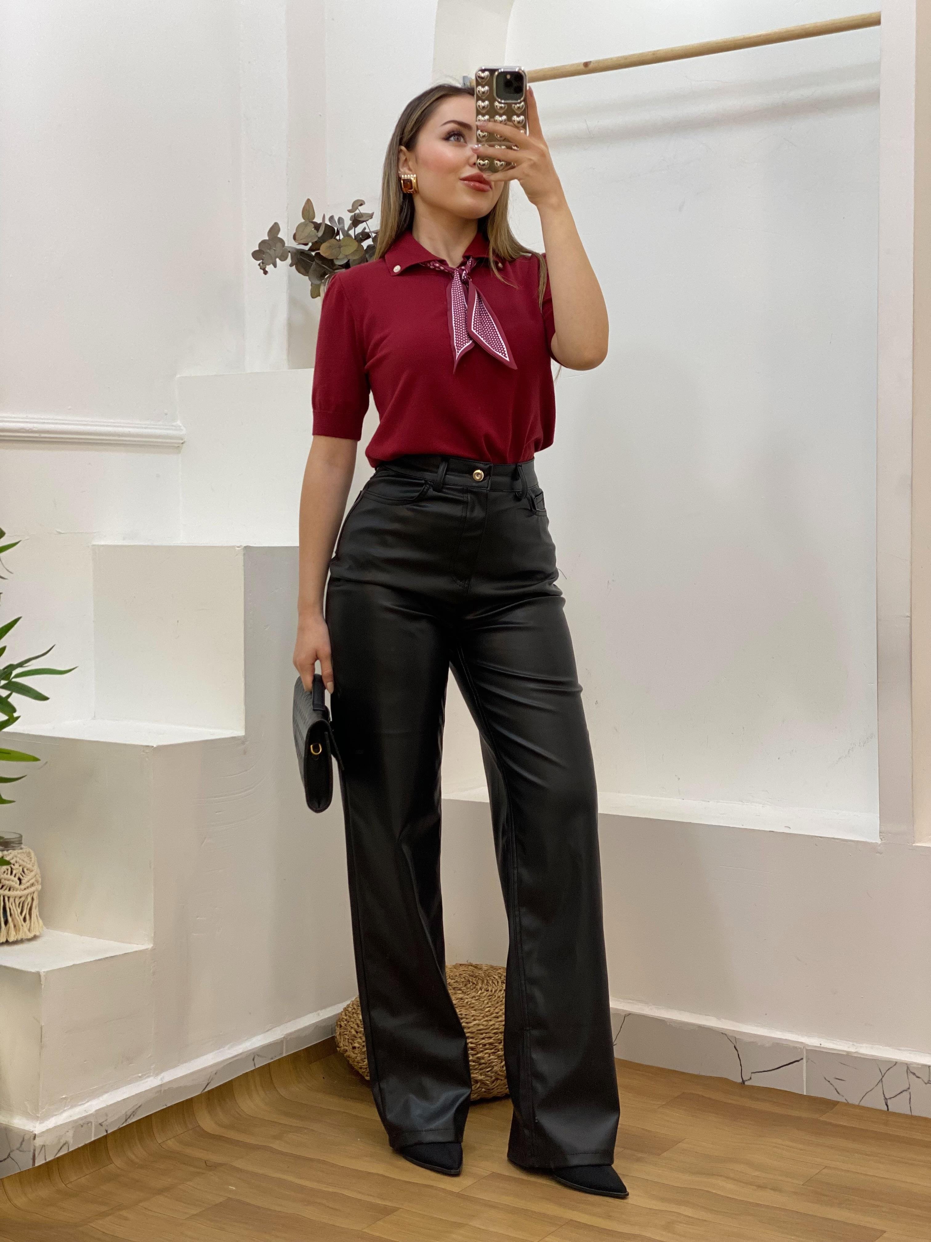 Bordo Fularlı Polo Yaka Triko 