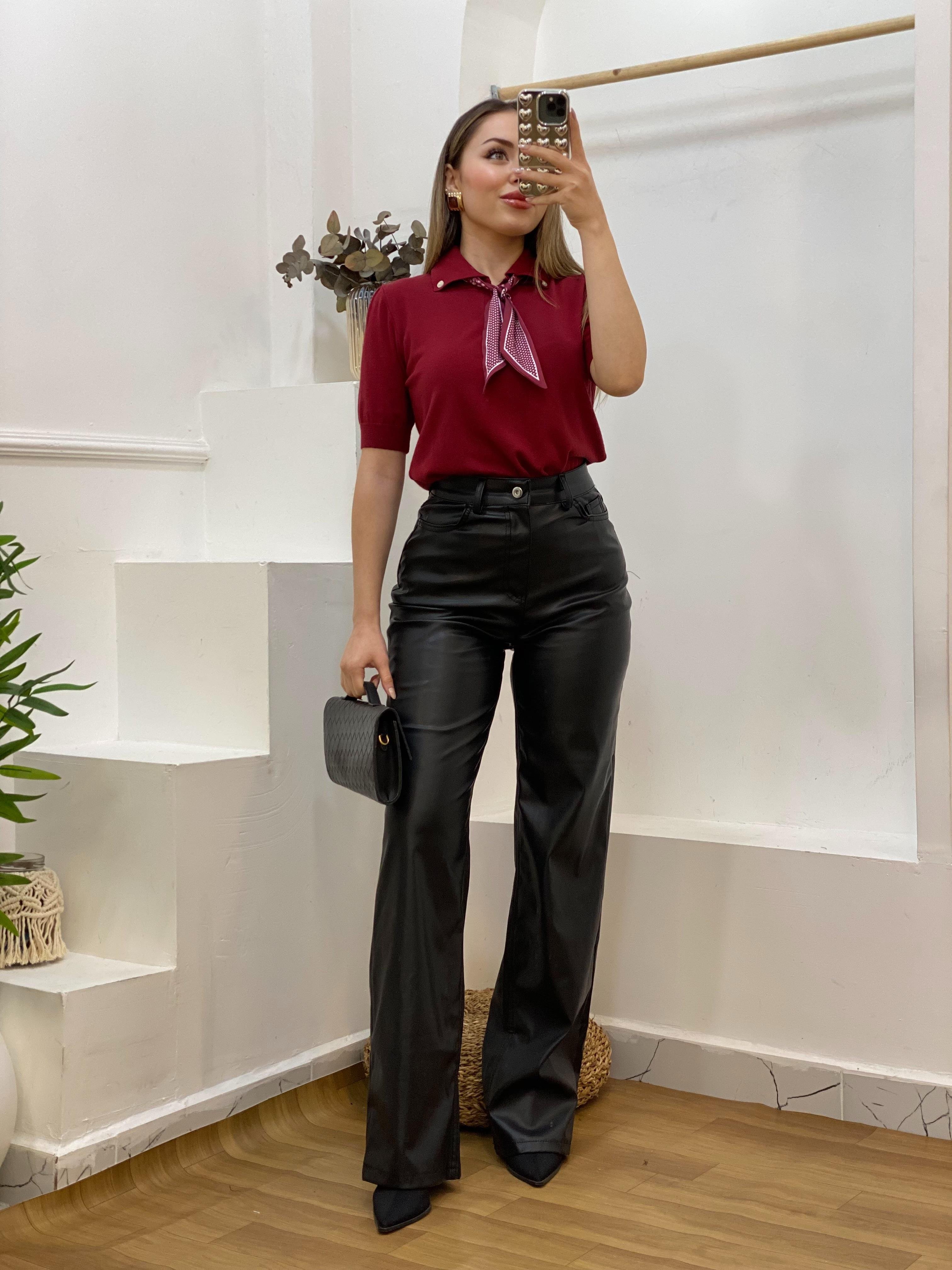 Bordo Fularlı Polo Yaka Triko 