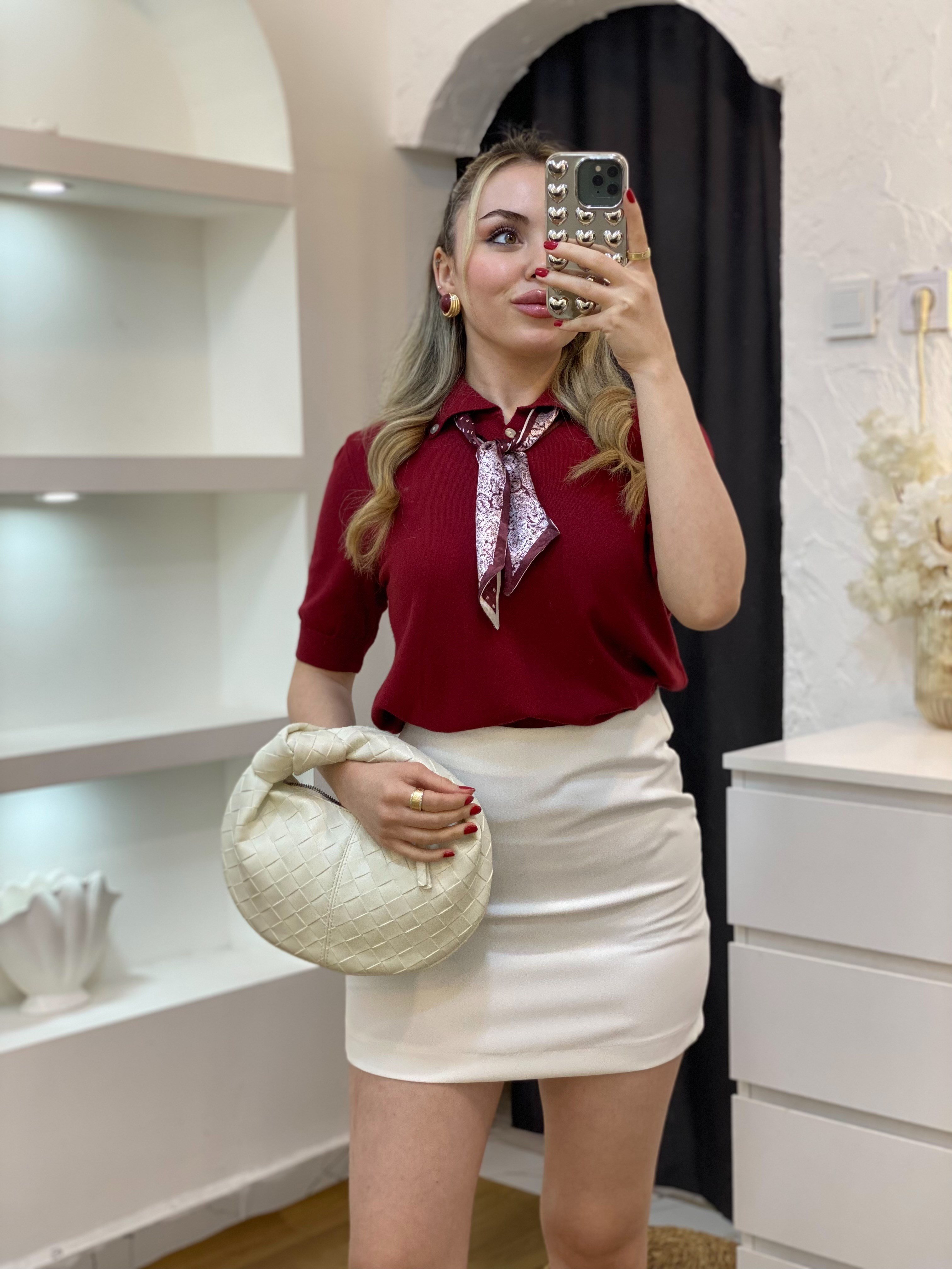 Bordo Fularlı Polo Yaka Triko Bluz