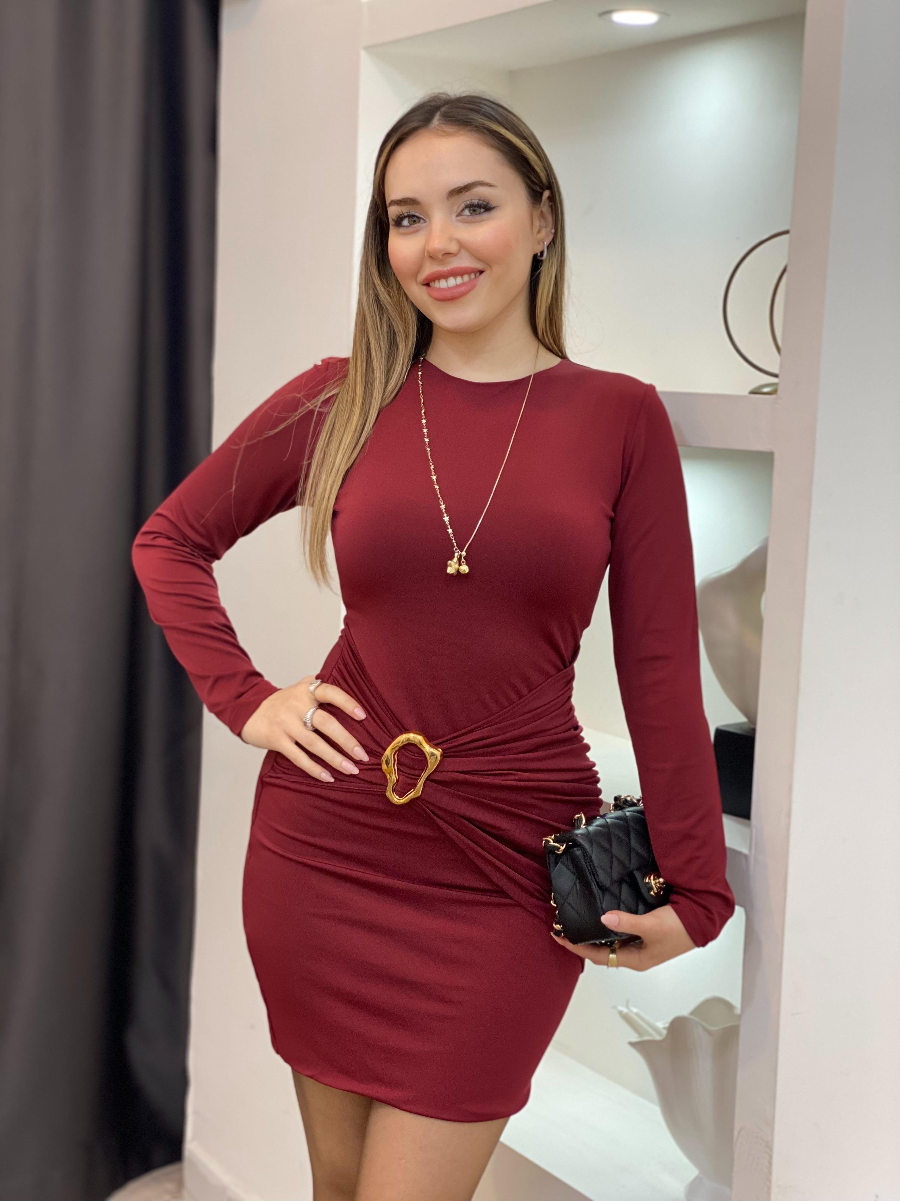 Bordo Gold Broş Detaylı Elbise