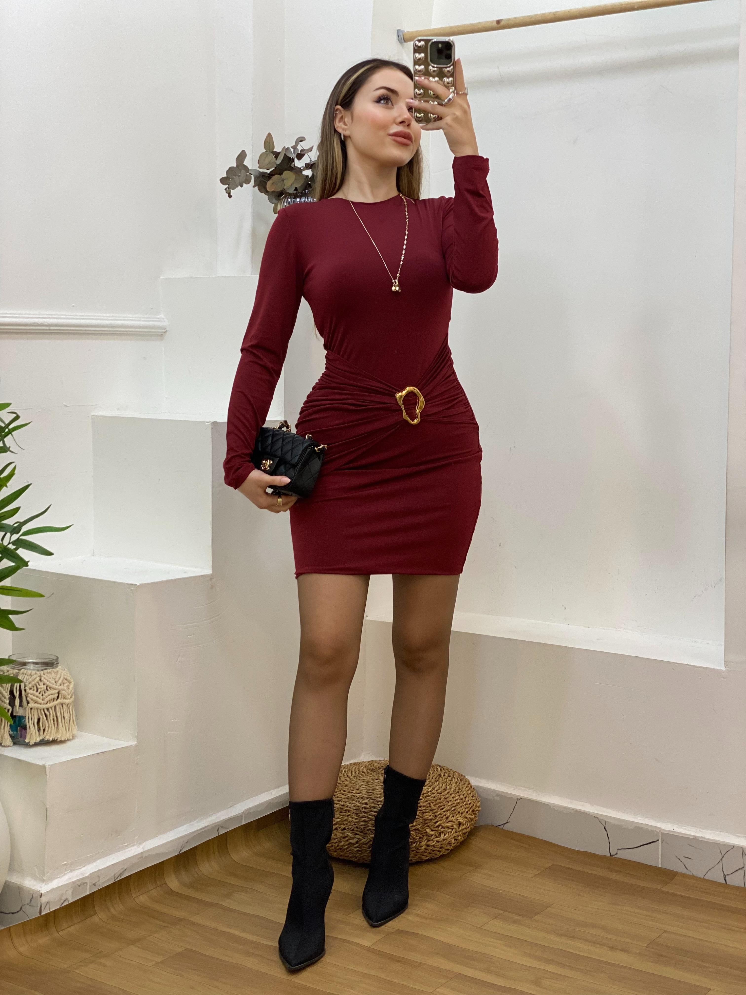 Bordo Gold Broş Detaylı Elbise