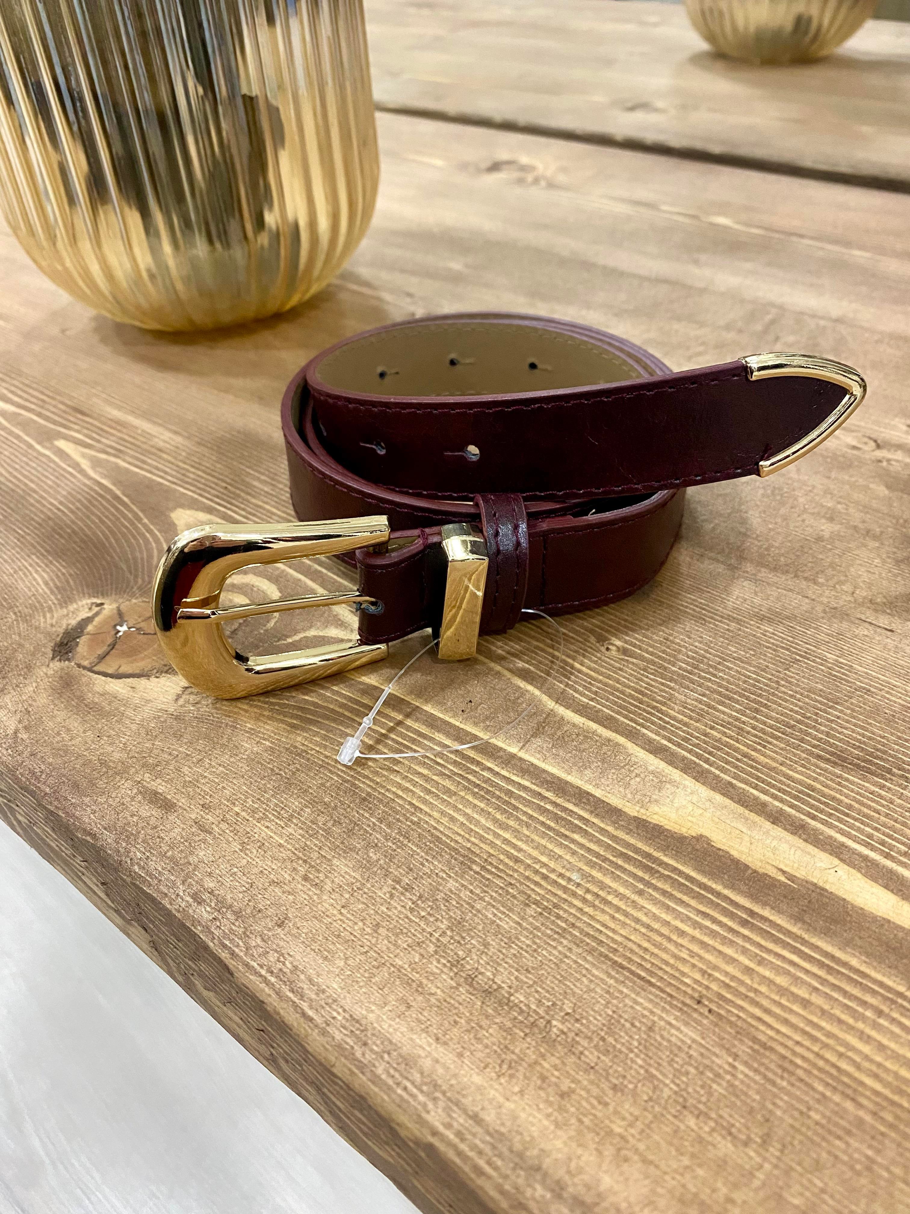 Bordo Gold Oval Tokalı Deri Kemer