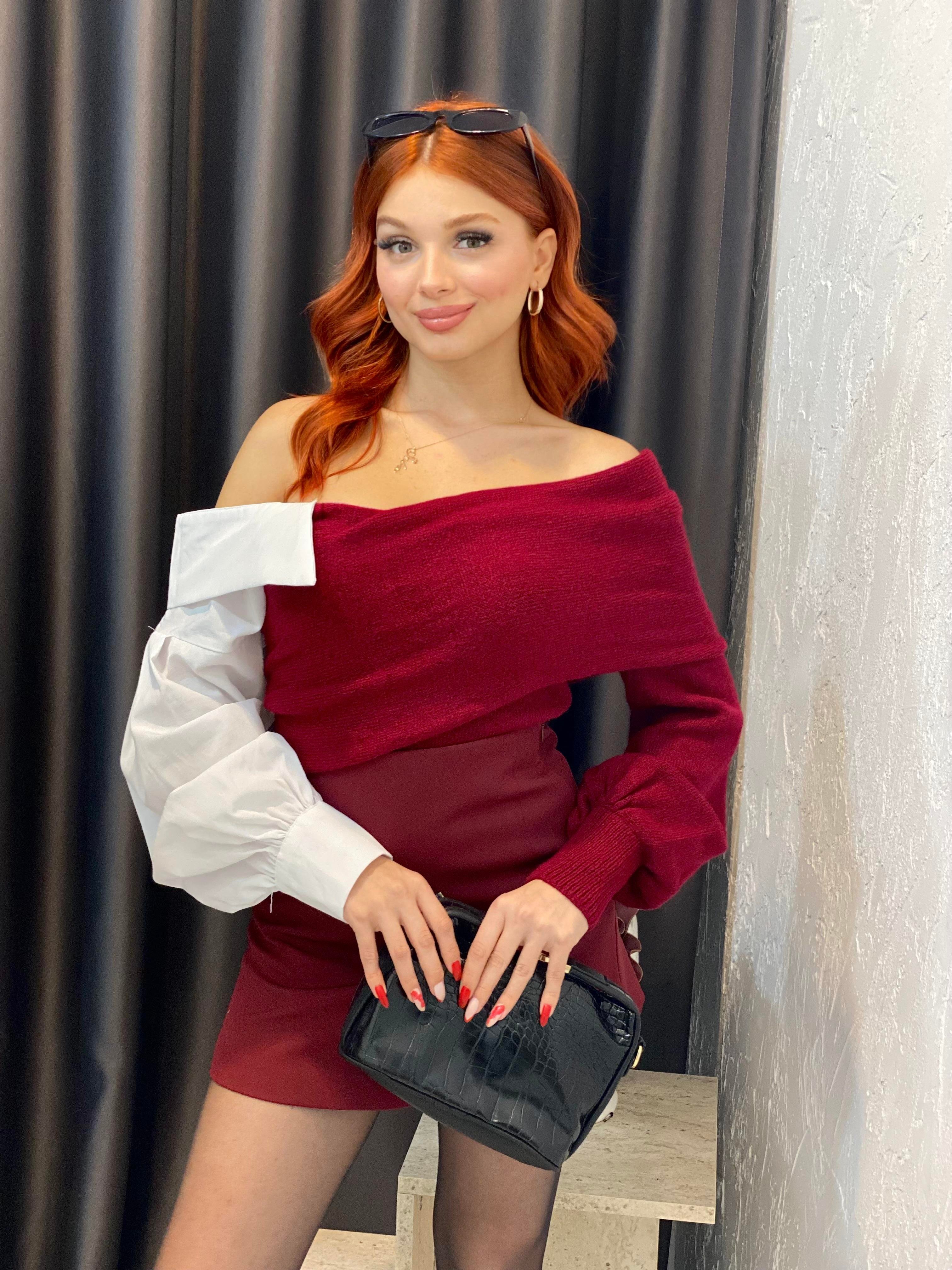 Bordo Gömlek Yakalı Triko Kazak