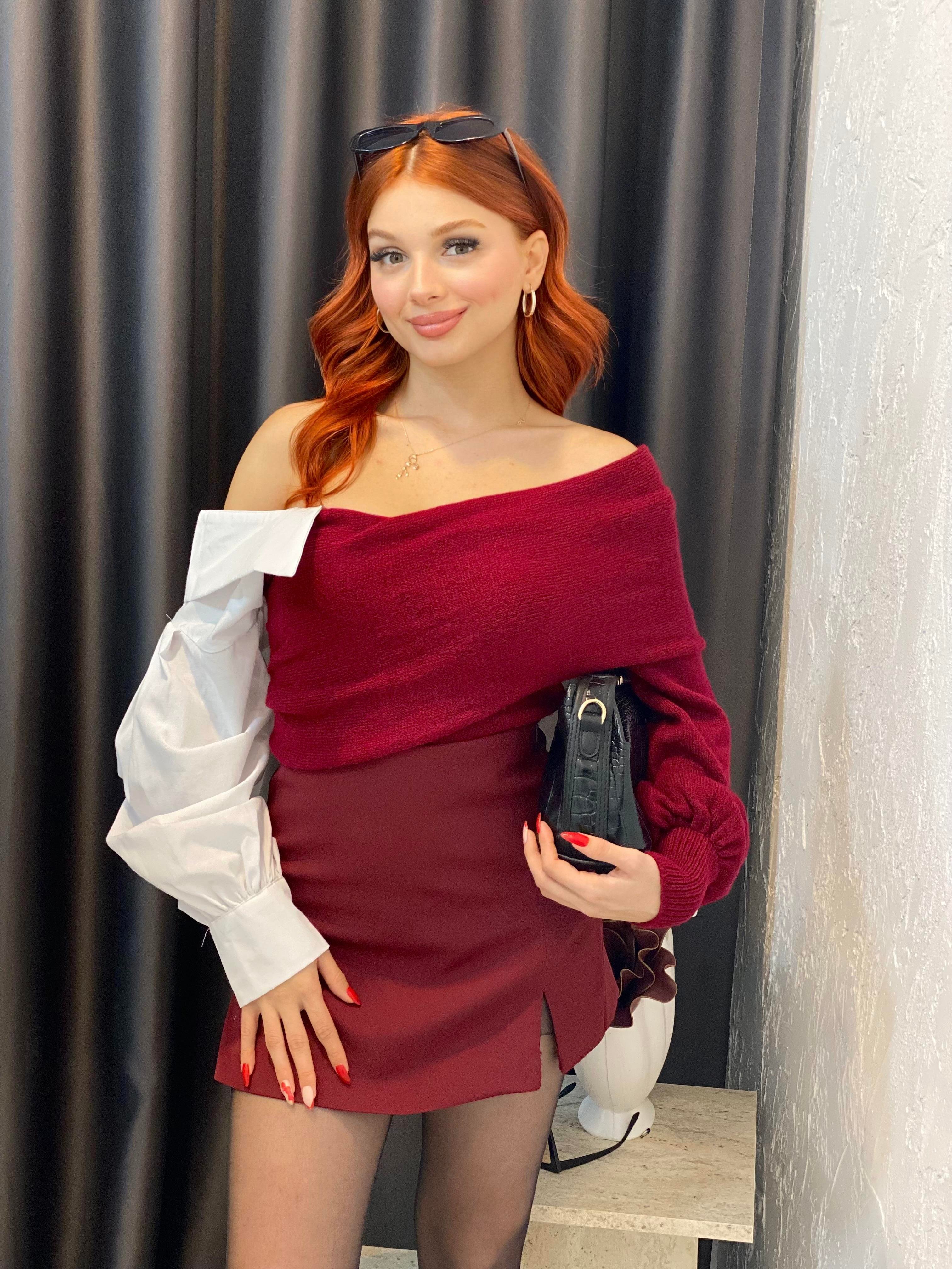 Bordo Gömlek Yakalı Triko Kazak