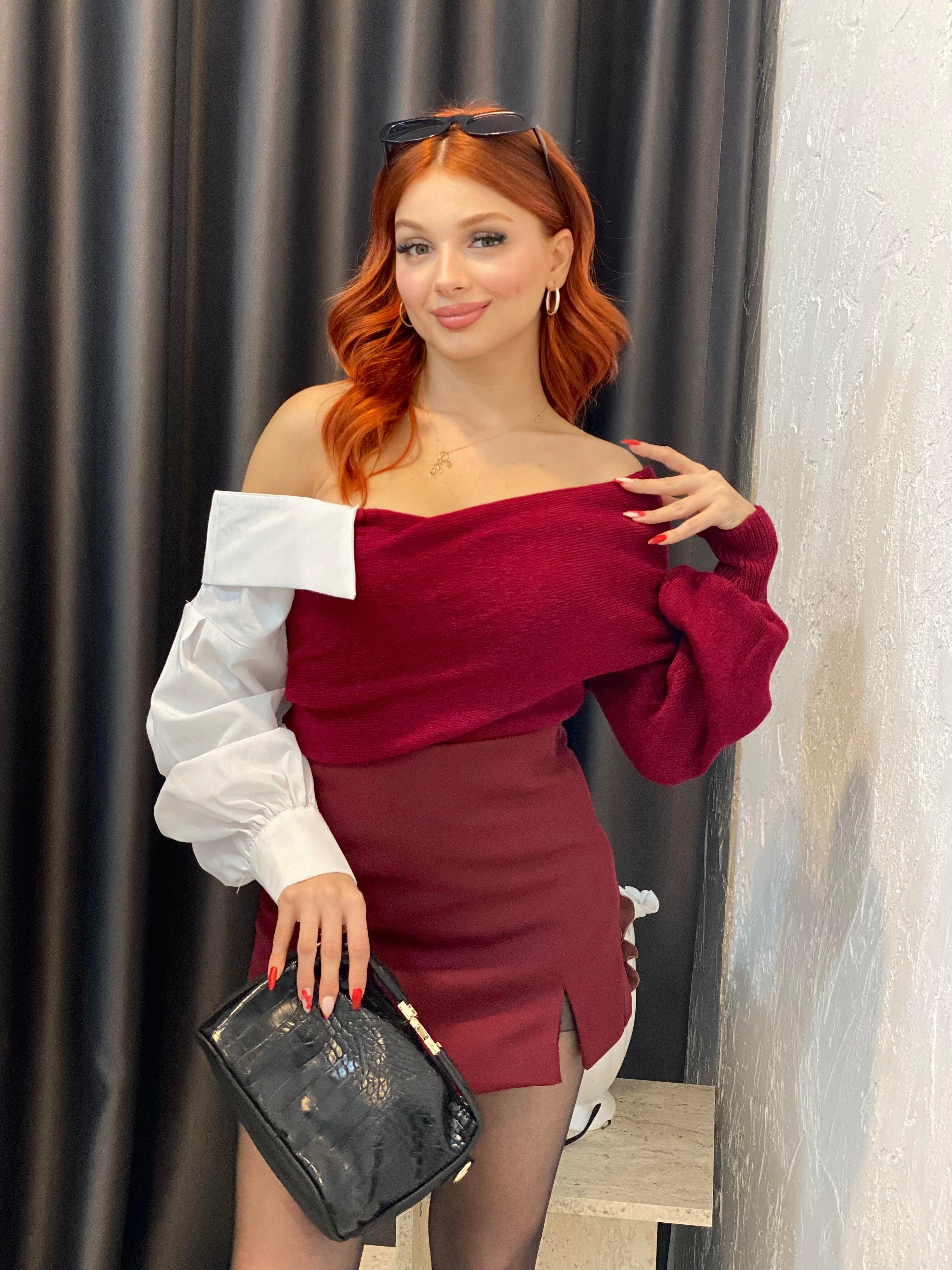 Bordo Gömlek Yakalı Triko Kazak