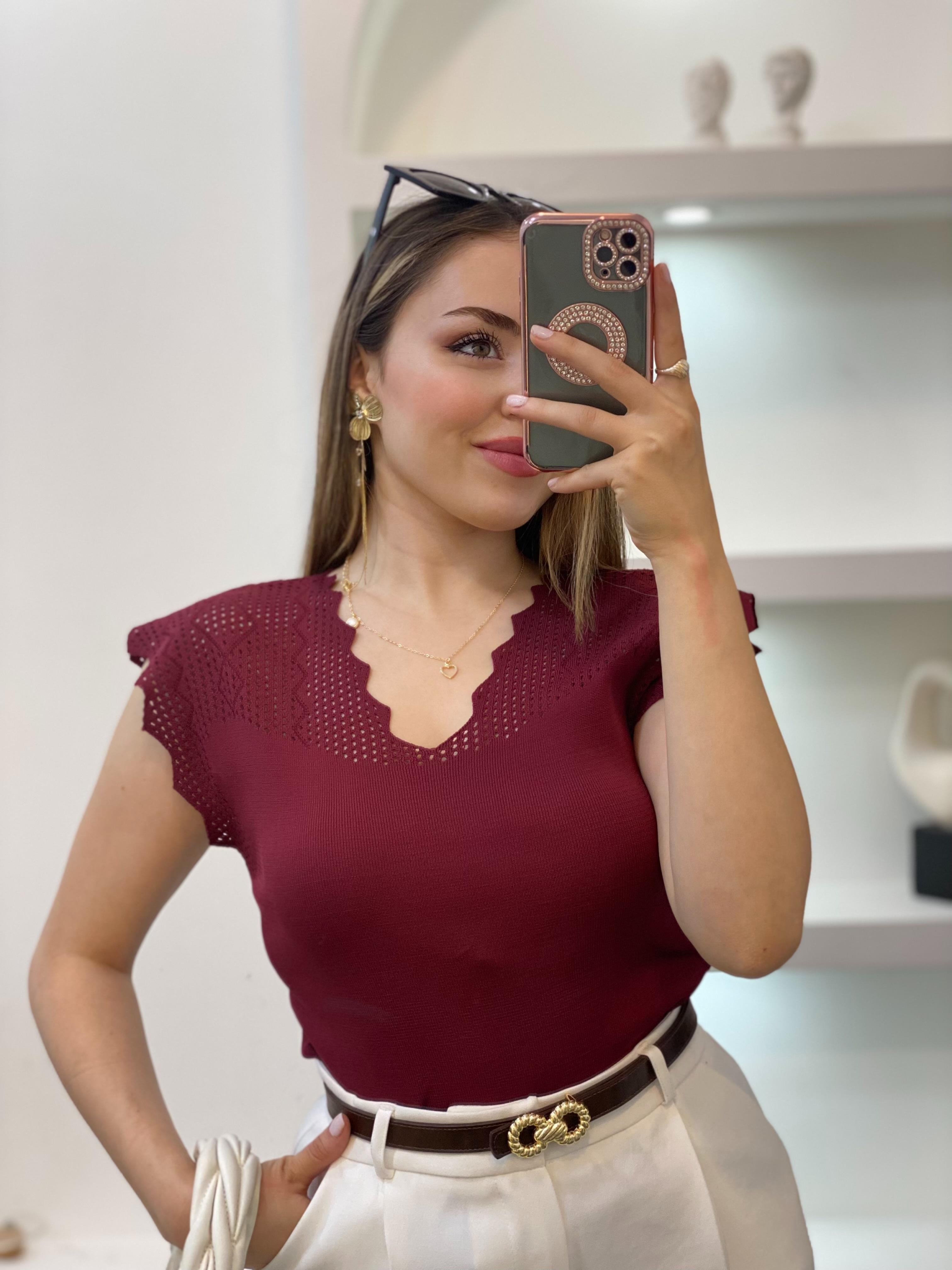 Bordo Kolları Delikli Model Triko Bluz