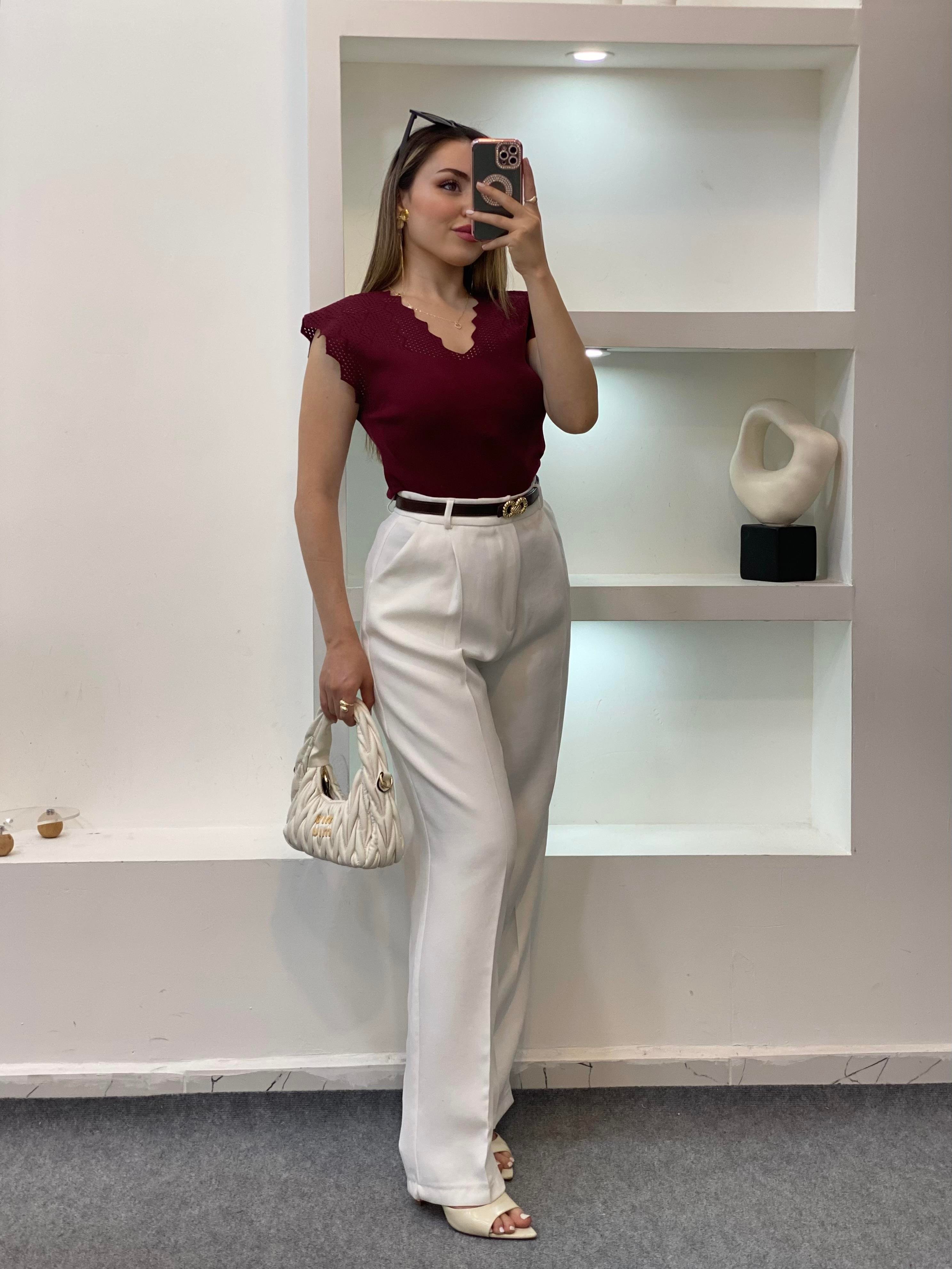 Bordo Kolları Delikli Model Triko Bluz