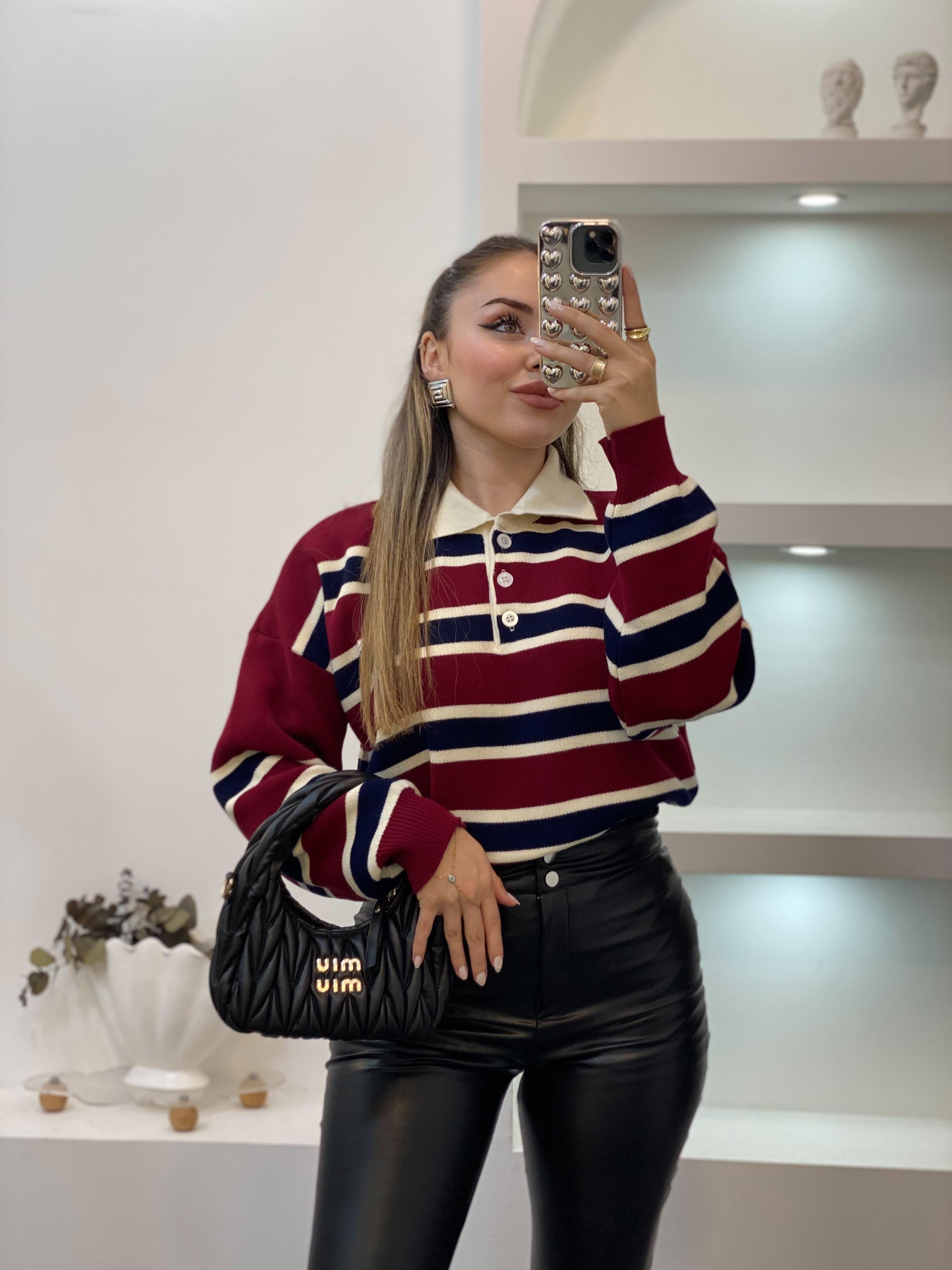 Bordo Lacivert Çizgili Triko Kazak