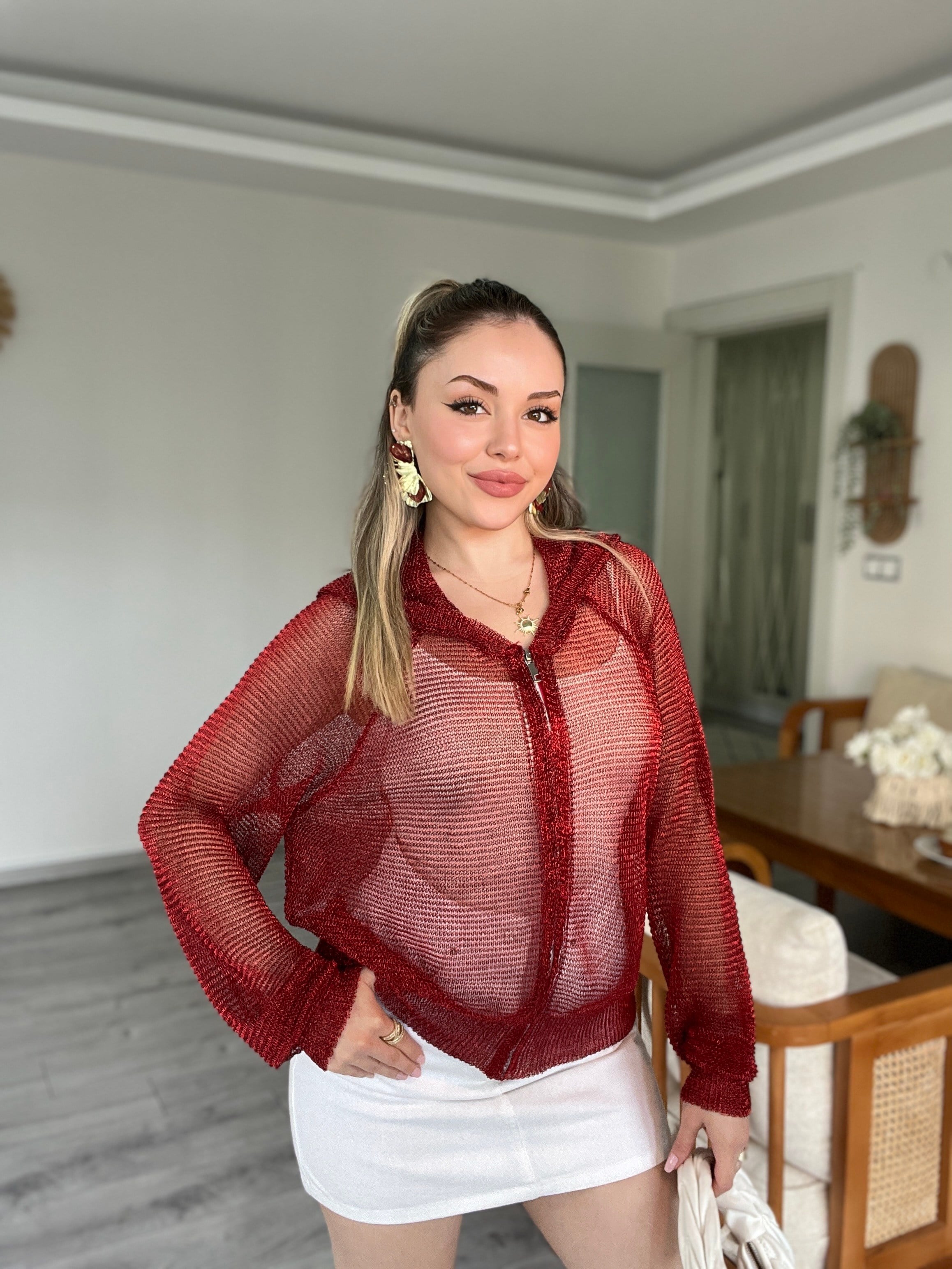 Bordo Metaik Fermuarlı Kapşonlu Hırka