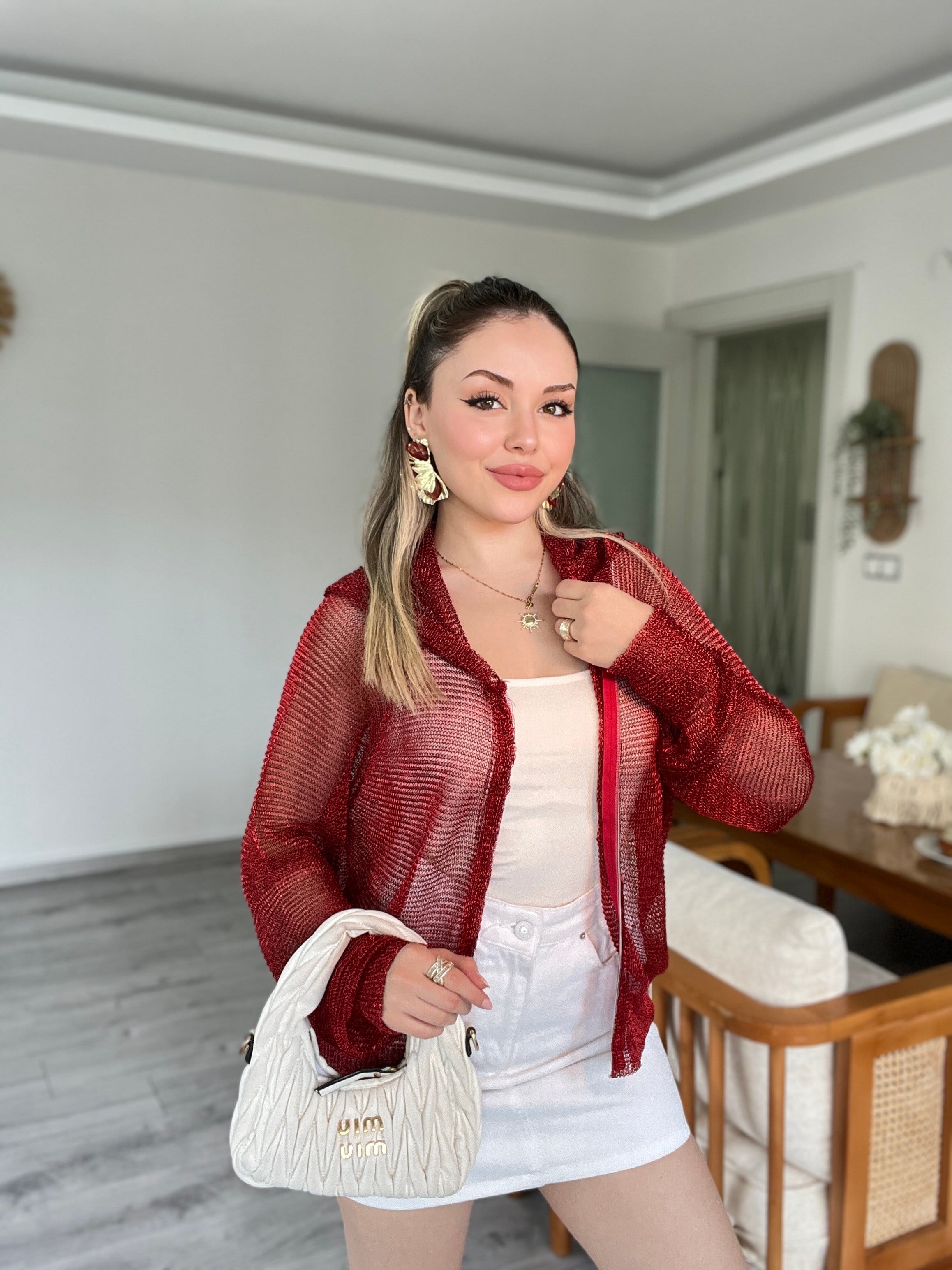 Bordo Metaik Fermuarlı Kapşonlu Hırka