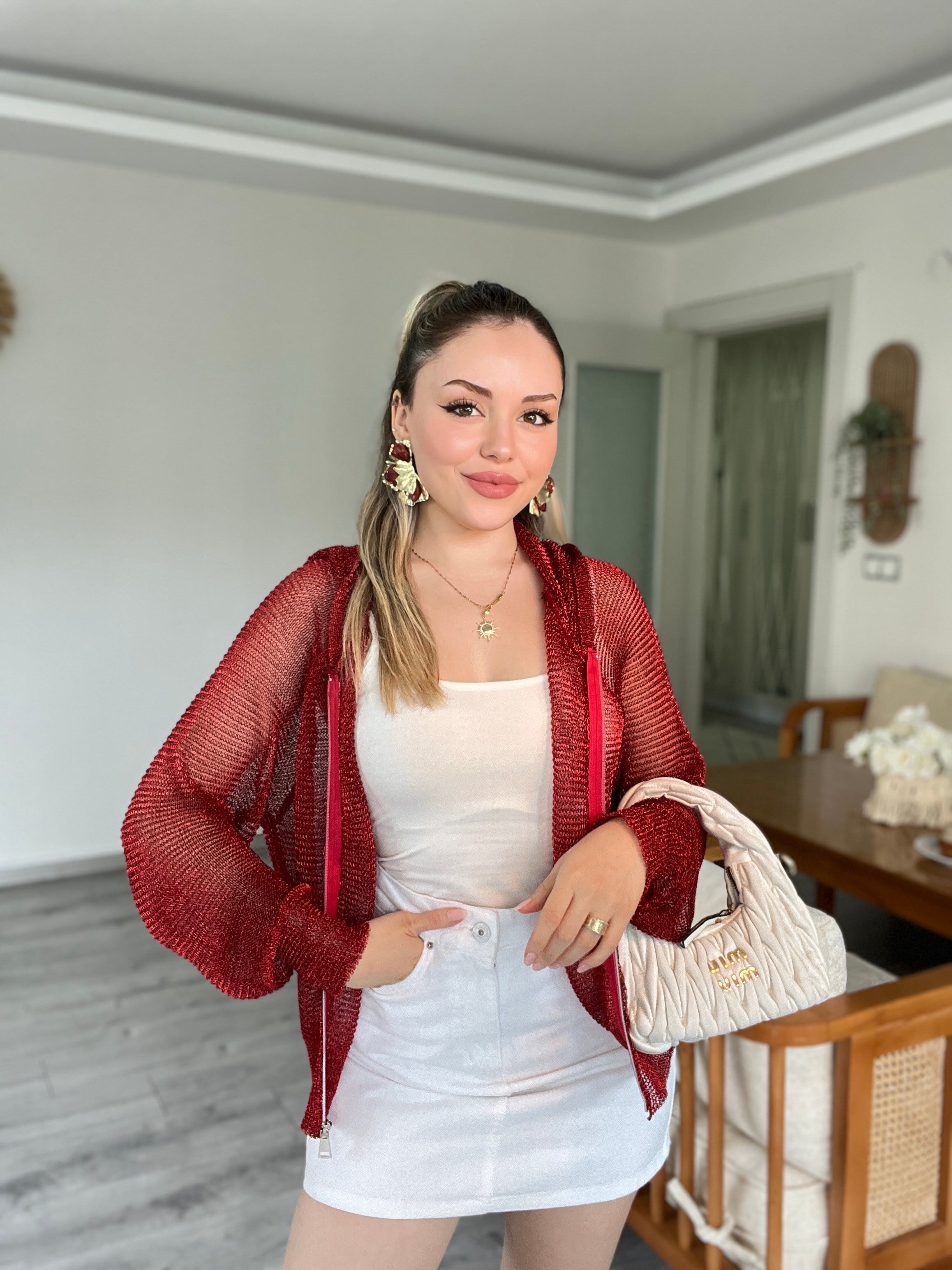 Bordo Metaik Fermuarlı Kapşonlu Hırka