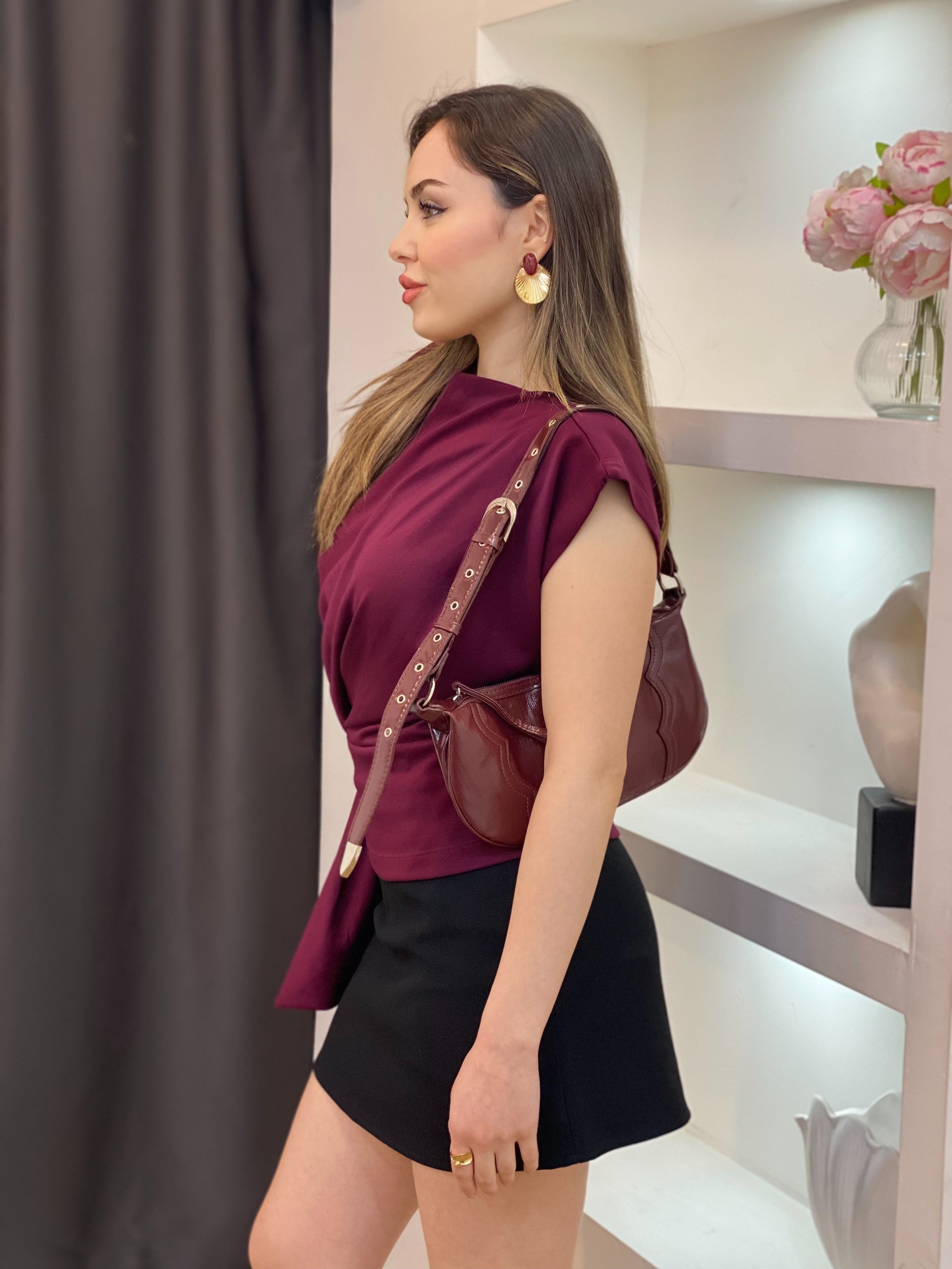 Bordo Modal Kumaş Düğümlü Model Bluz
