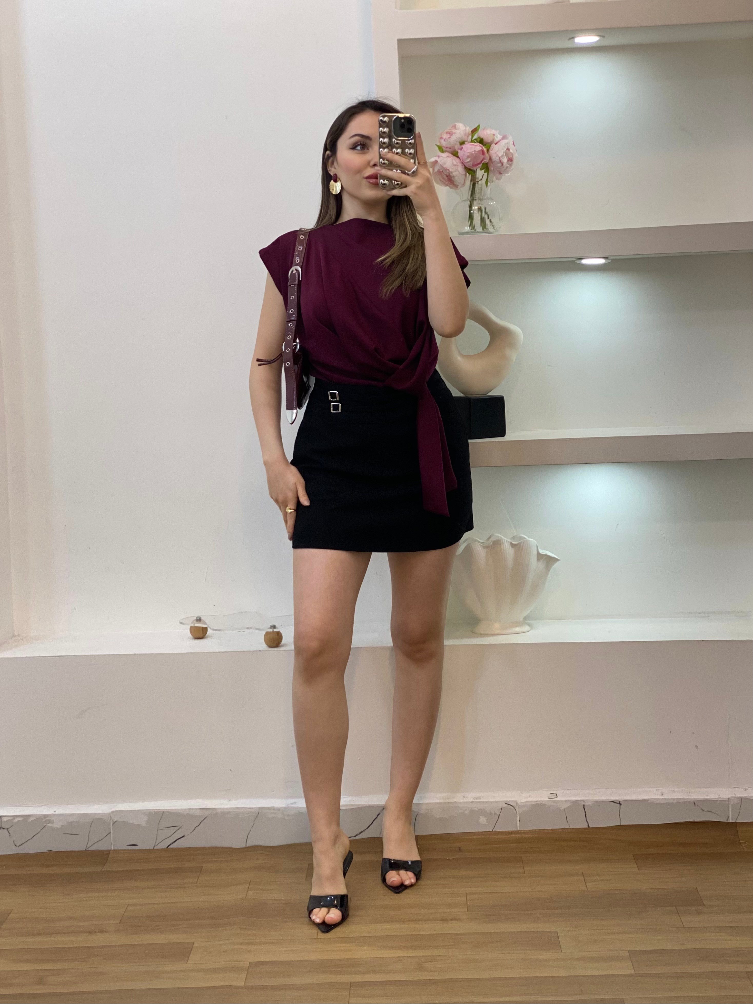 Bordo Modal Kumaş Düğümlü Model Bluz