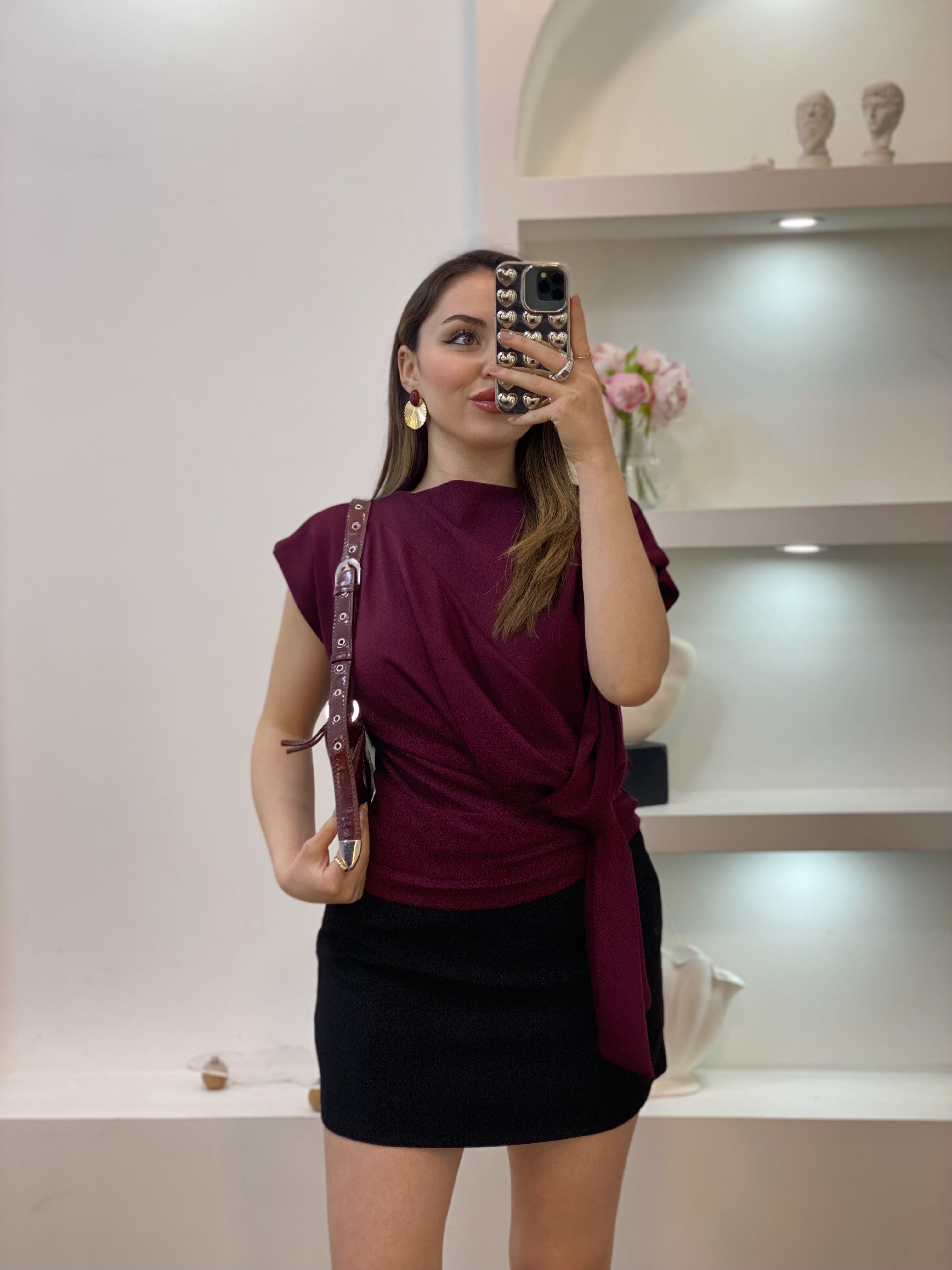 Bordo Modal Kumaş Düğümlü Model Bluz