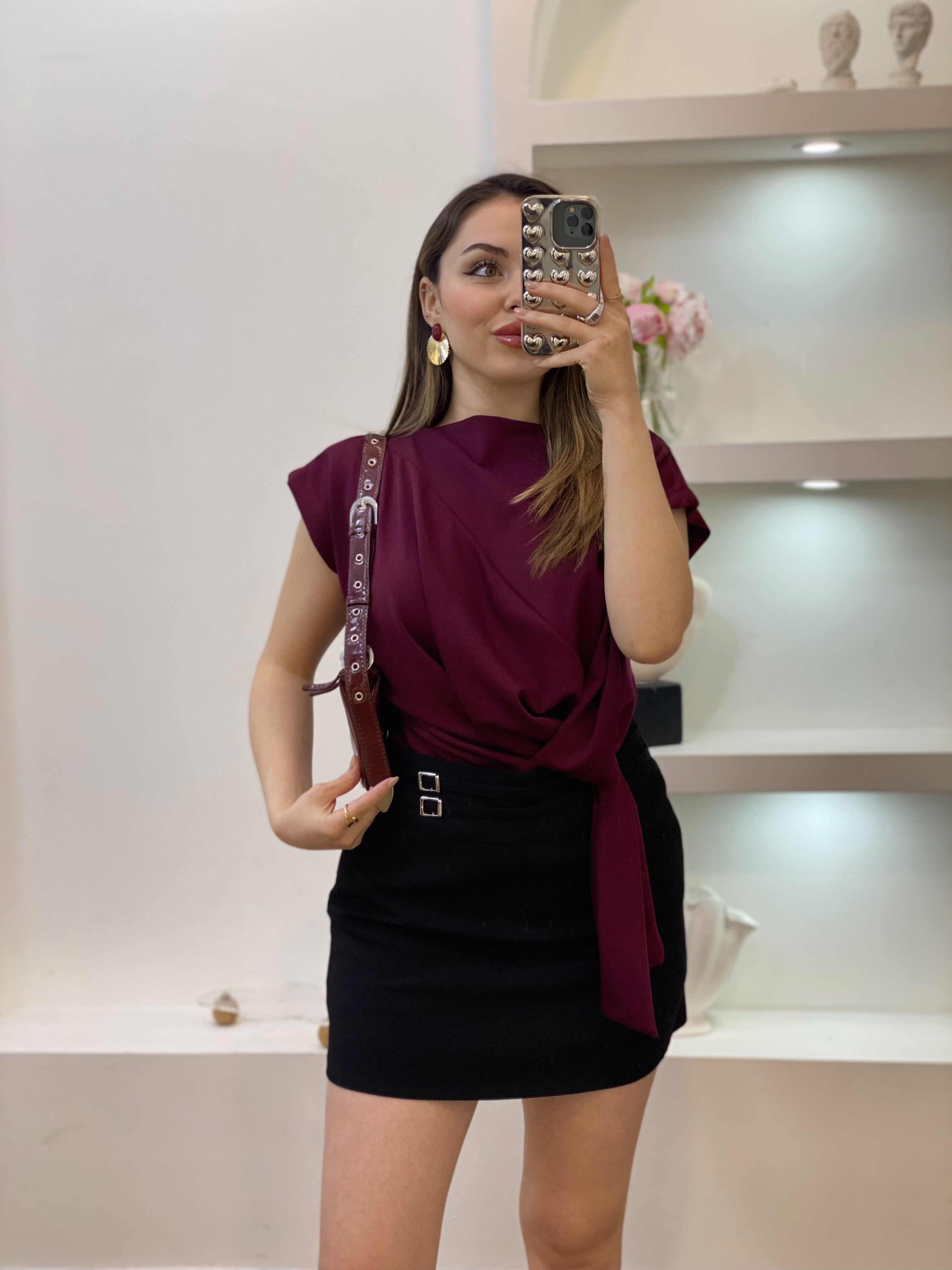 Bordo Modal Kumaş Düğümlü Model Bluz