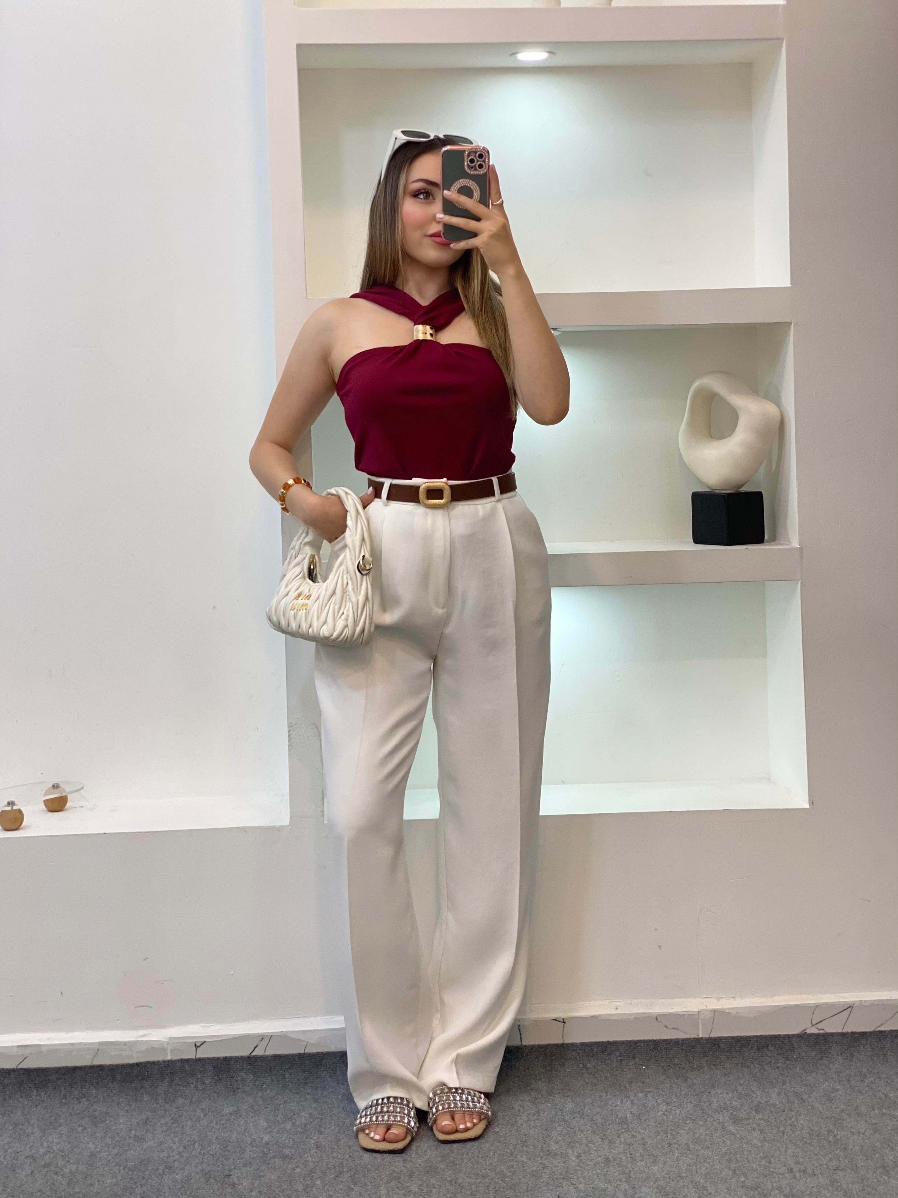 Bordo Önü Tokalı Model Triko Bluz