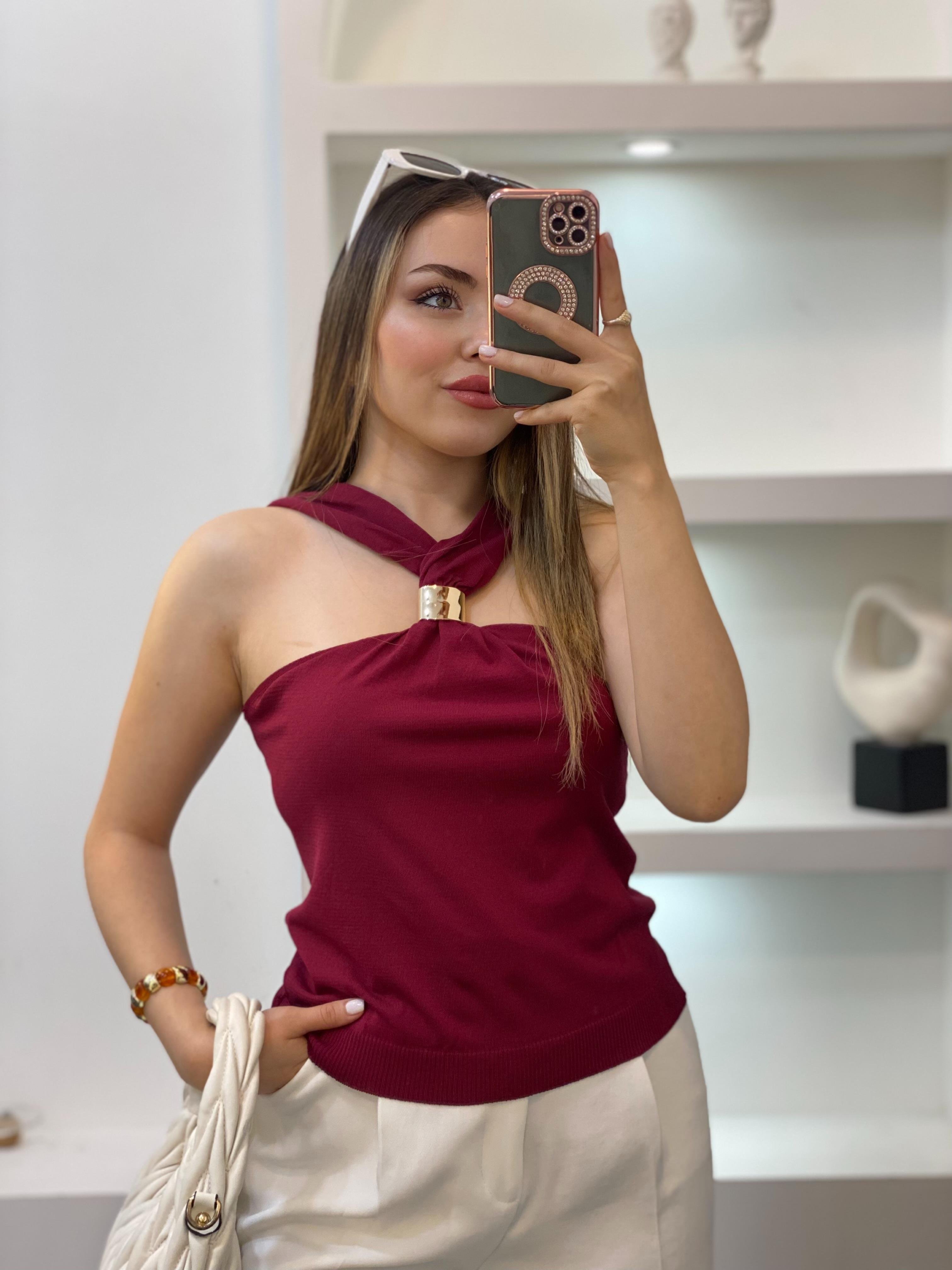 Bordo Önü Tokalı Model Triko Bluz