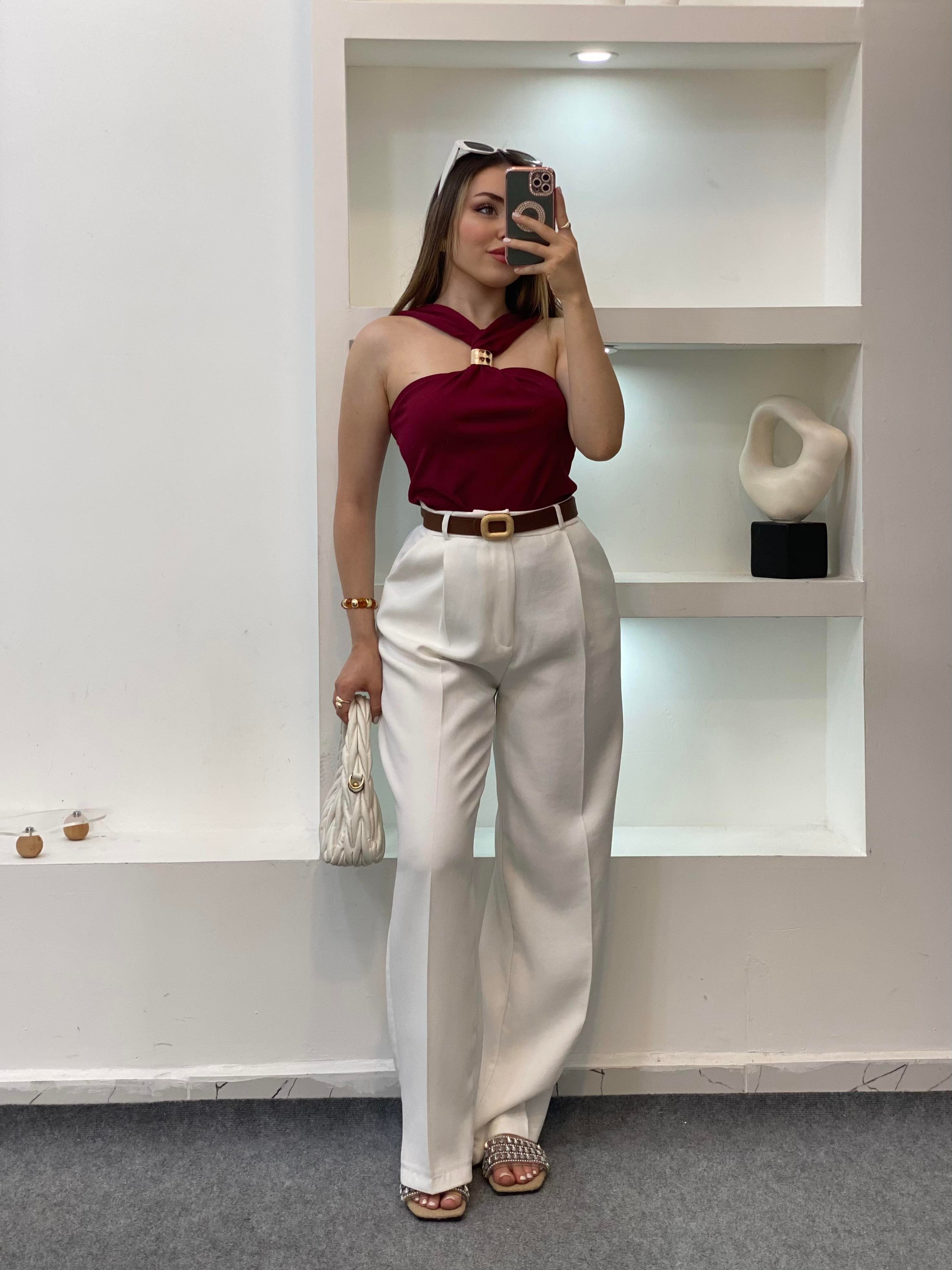 Bordo Önü Tokalı Model Triko Bluz
