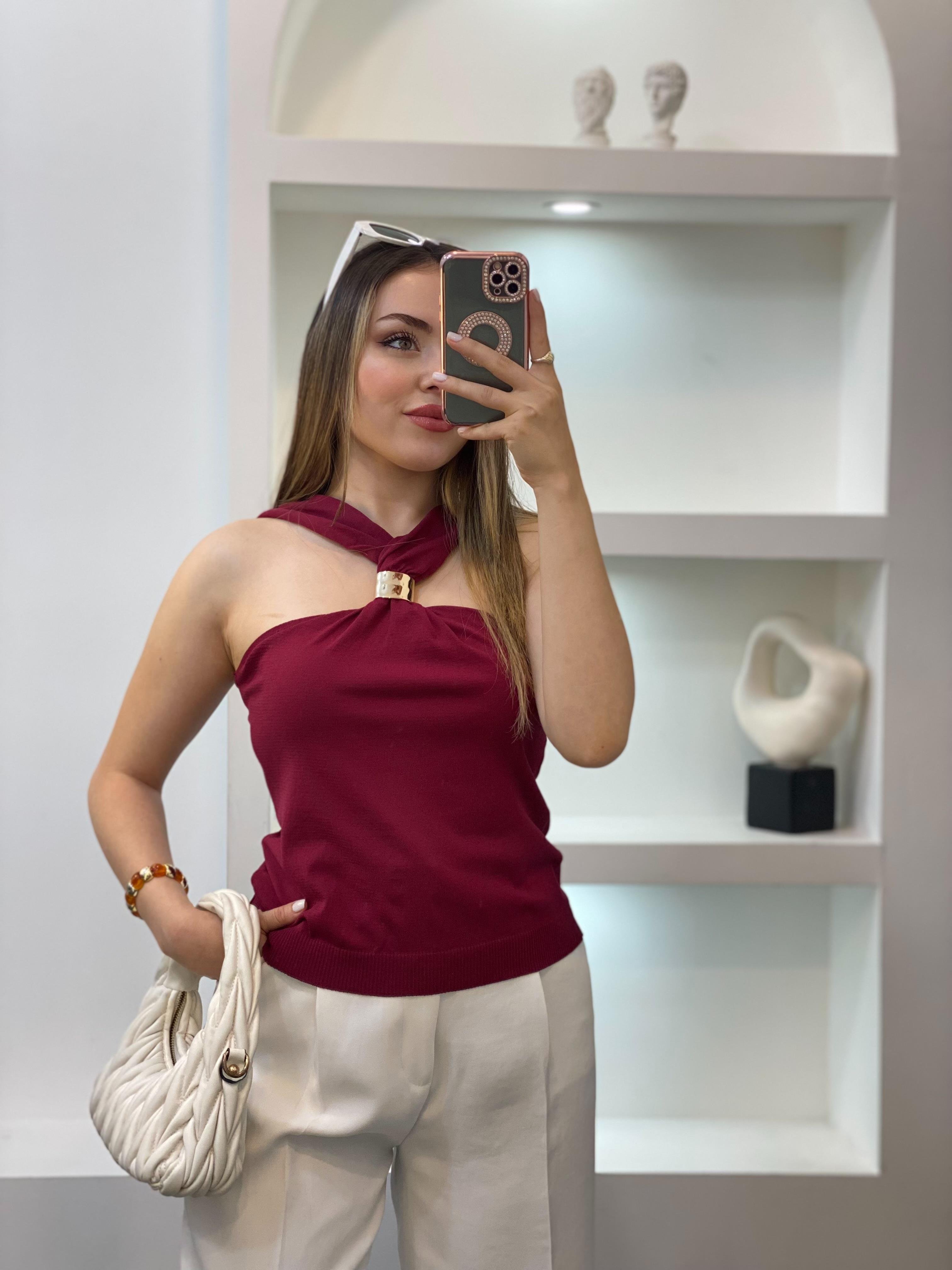 Bordo Önü Tokalı Model Triko Bluz