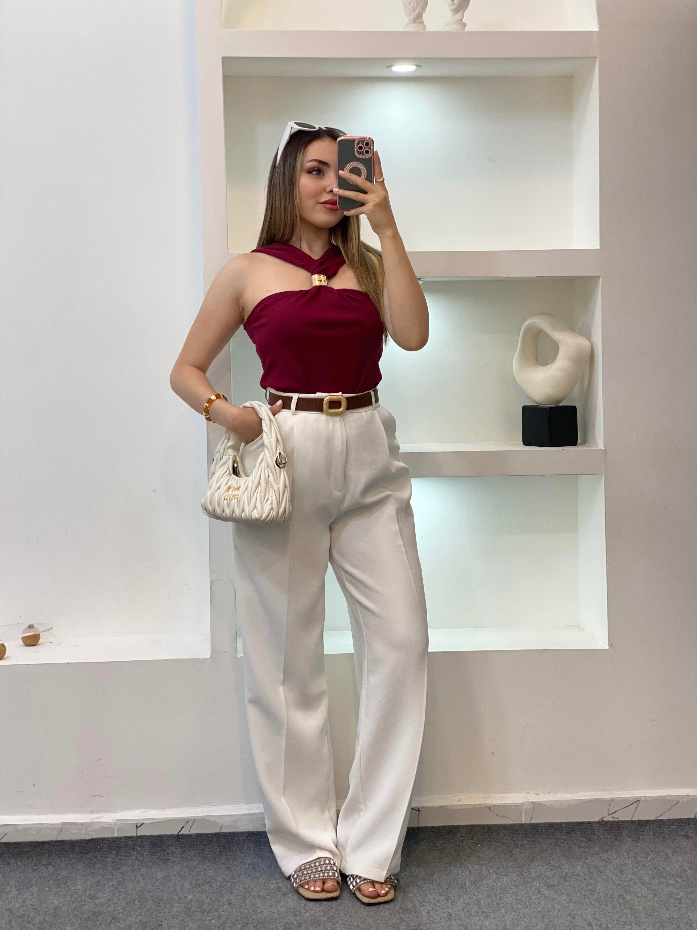 Bordo Önü Tokalı Model Triko Bluz