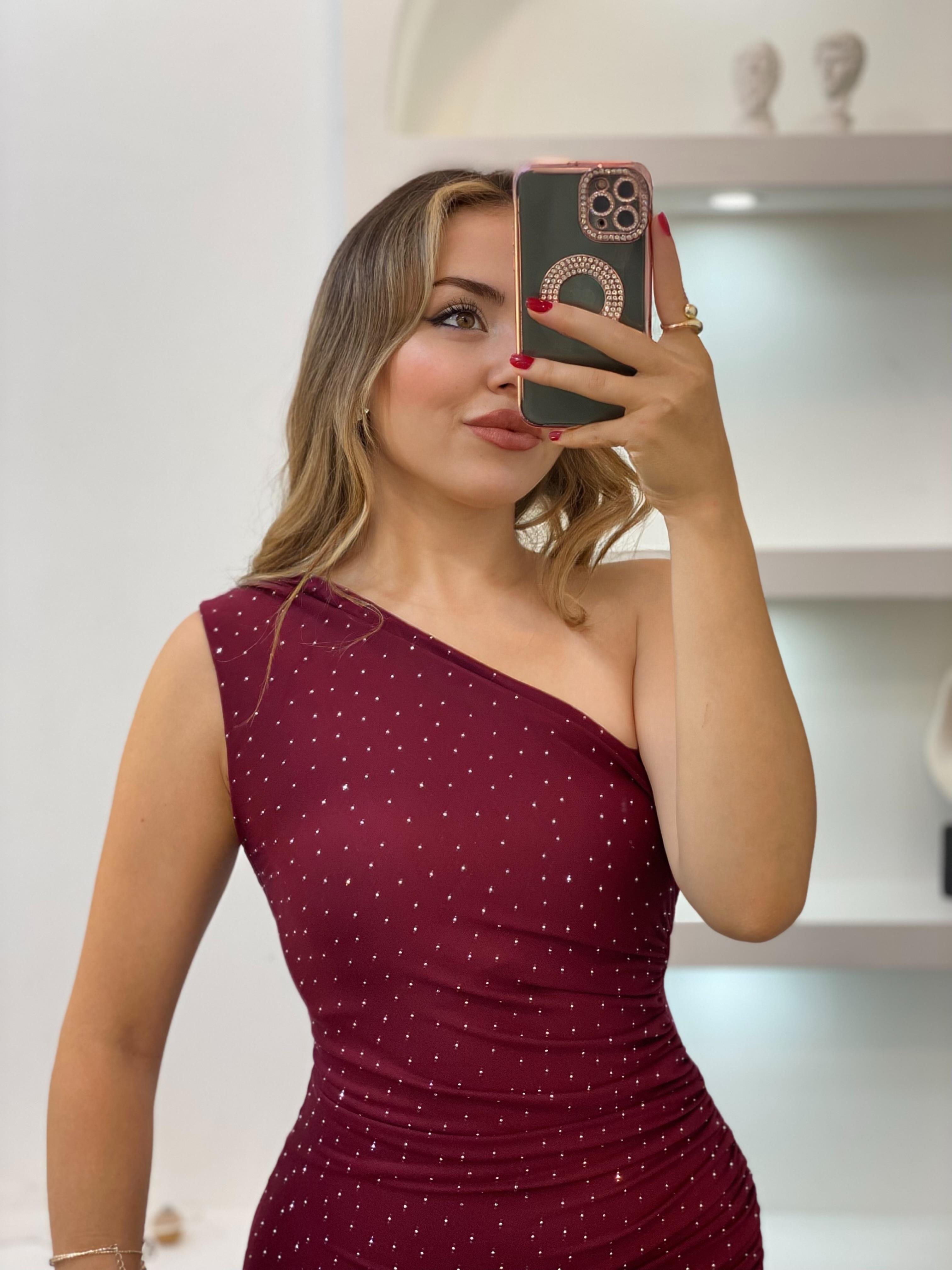 Bordo Parıltılı Taşlı Elbise