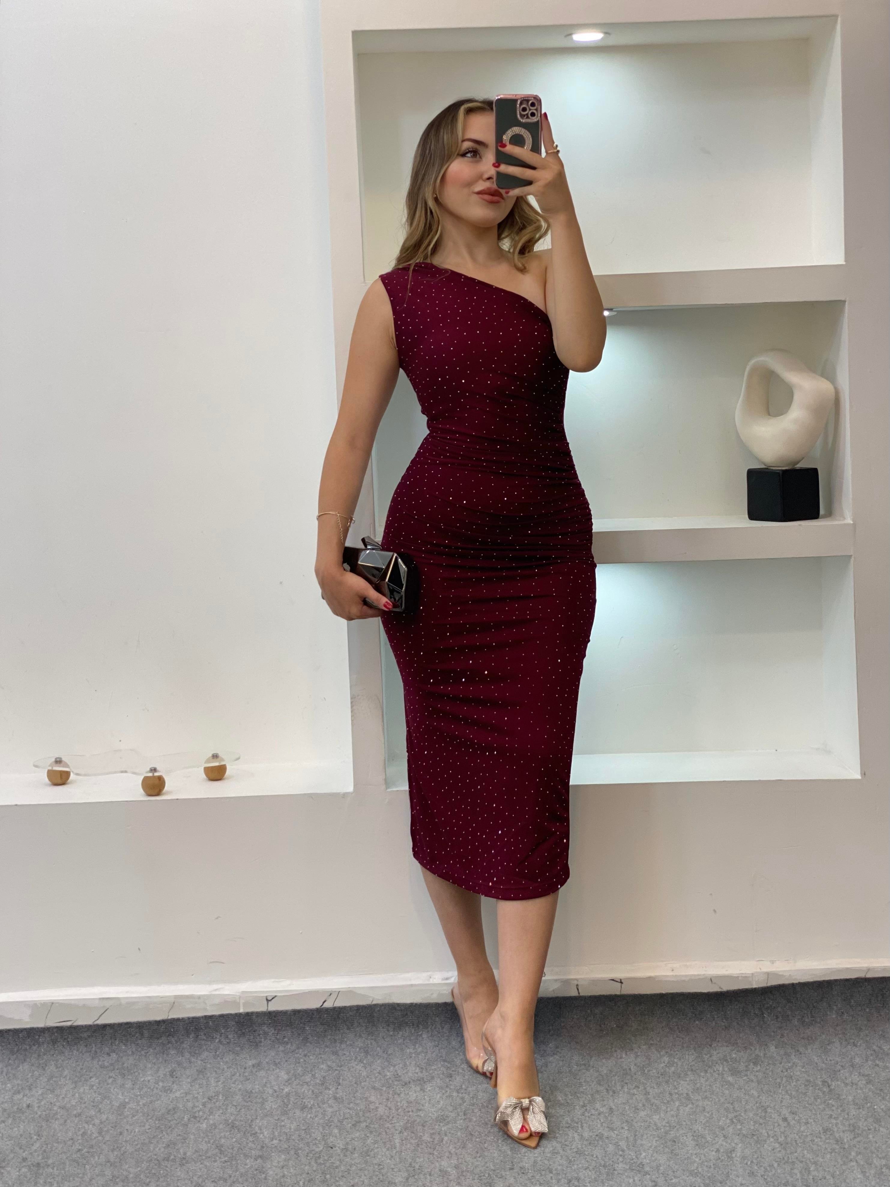 Bordo Parıltılı Taşlı Elbise