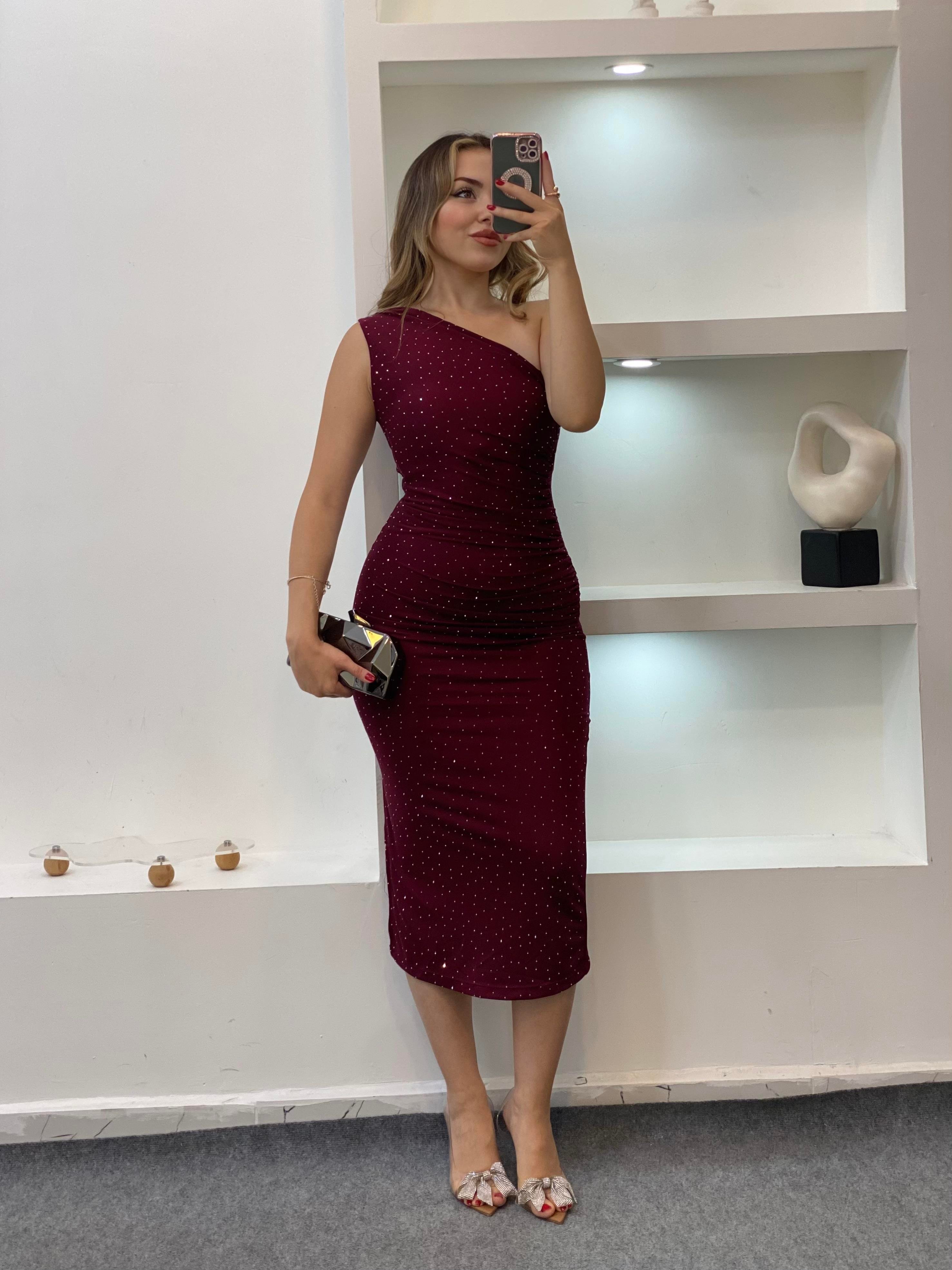 Bordo Parıltılı Taşlı Elbise