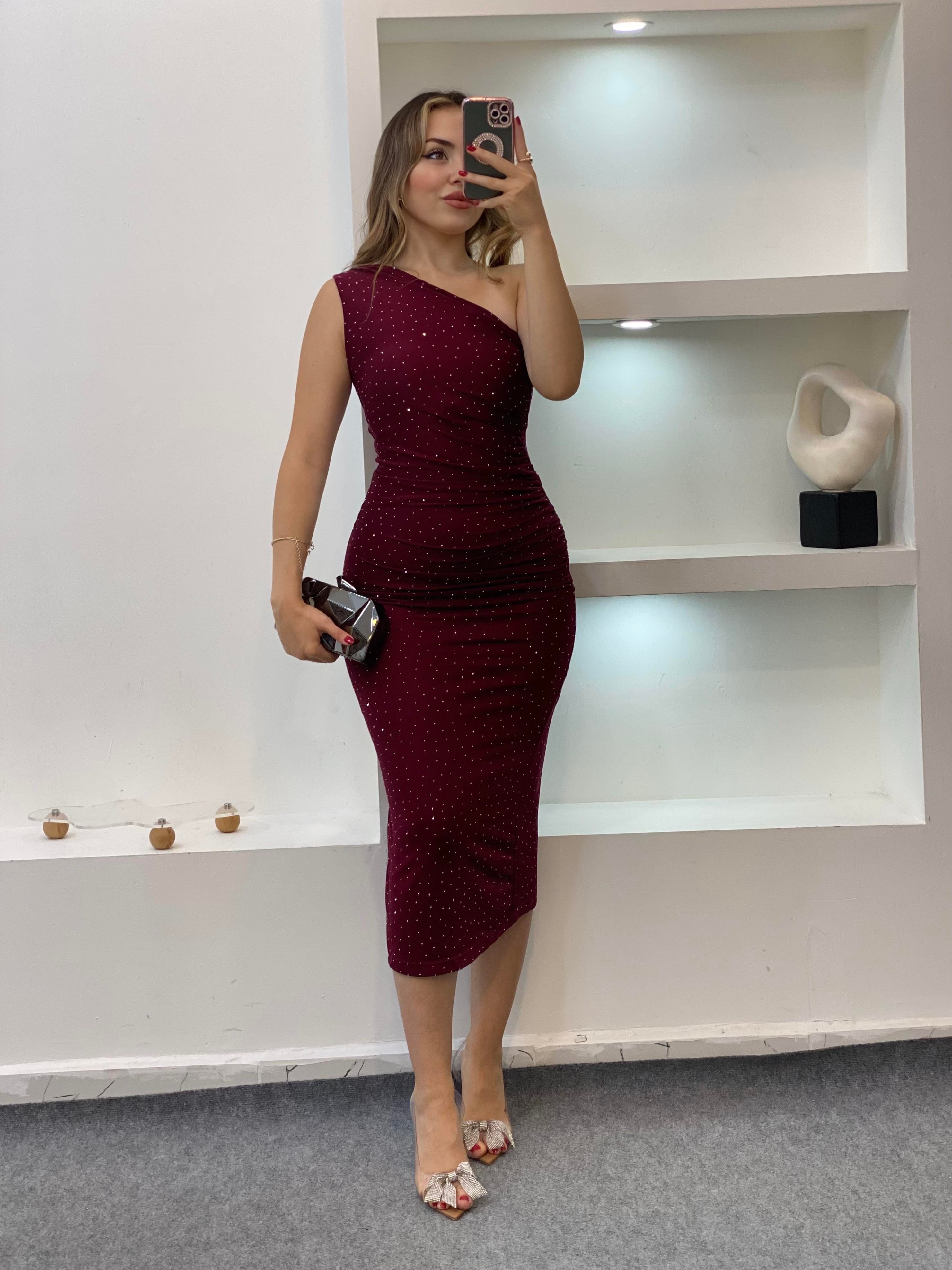 Bordo Parıltılı Taşlı Elbise