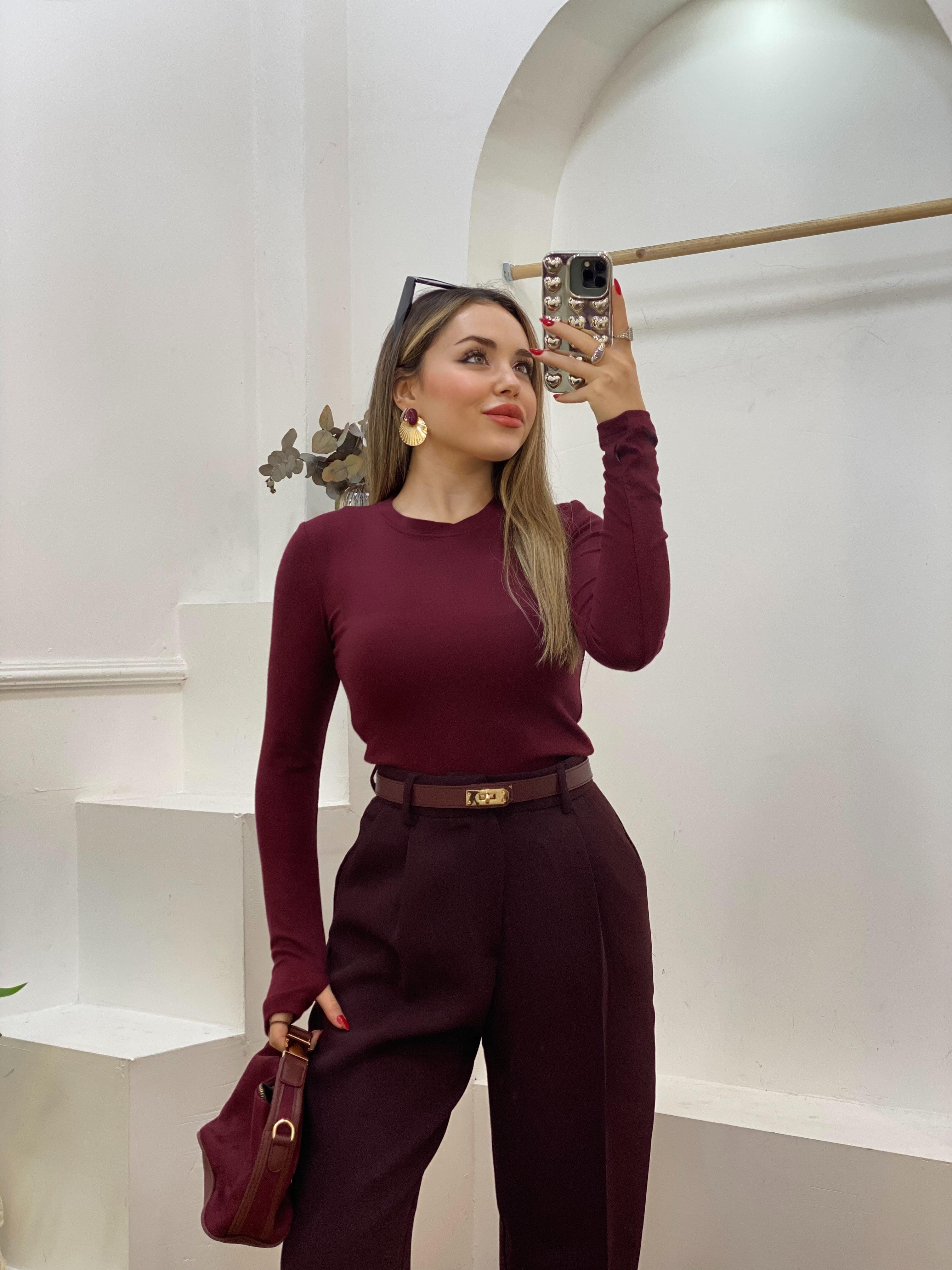 Bordo Parmak Geçirmeli Model Modal Kumaş Basic Bluz