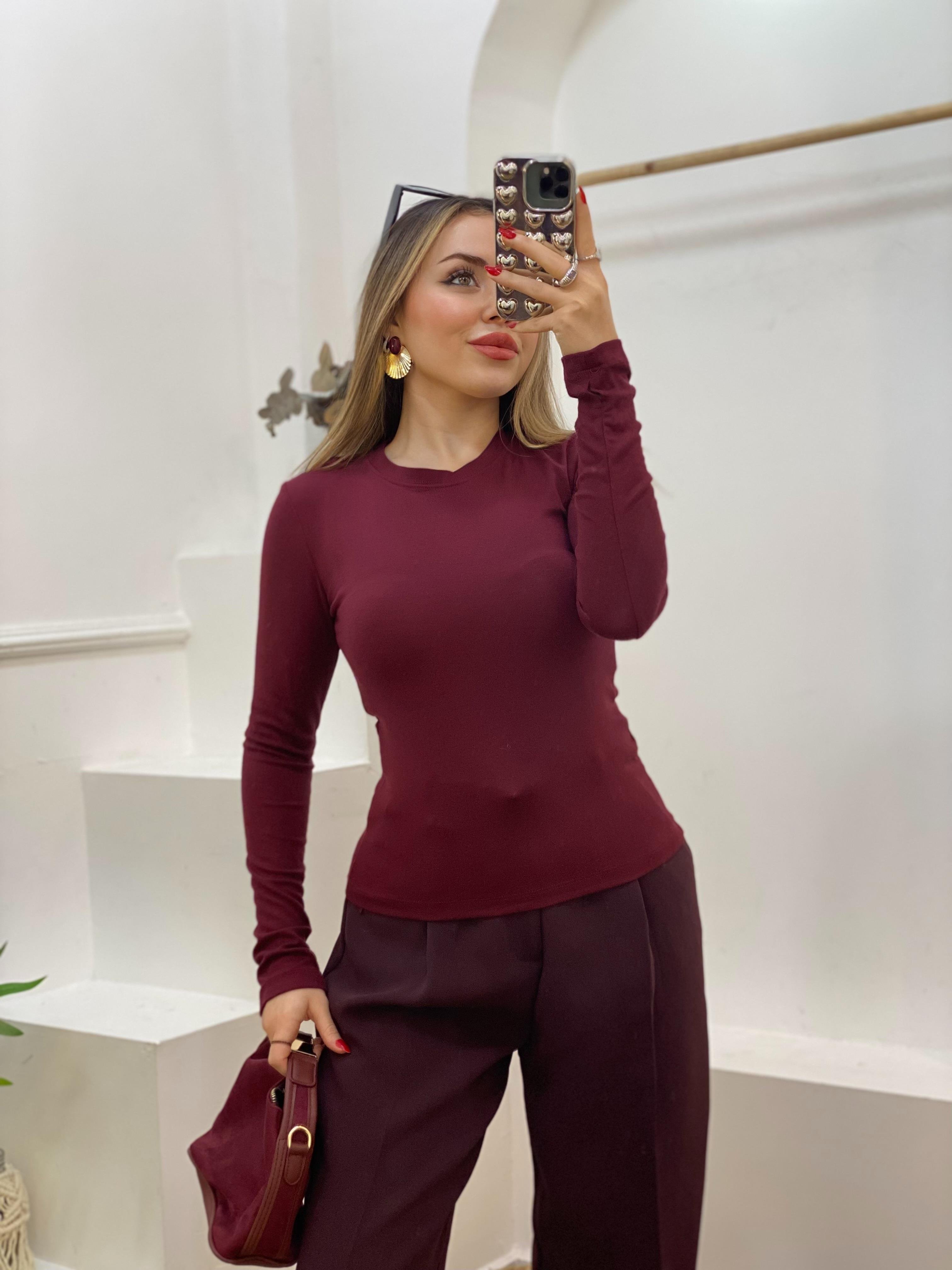 Bordo Parmak Geçirmeli Model Modal Kumaş Basic Bluz