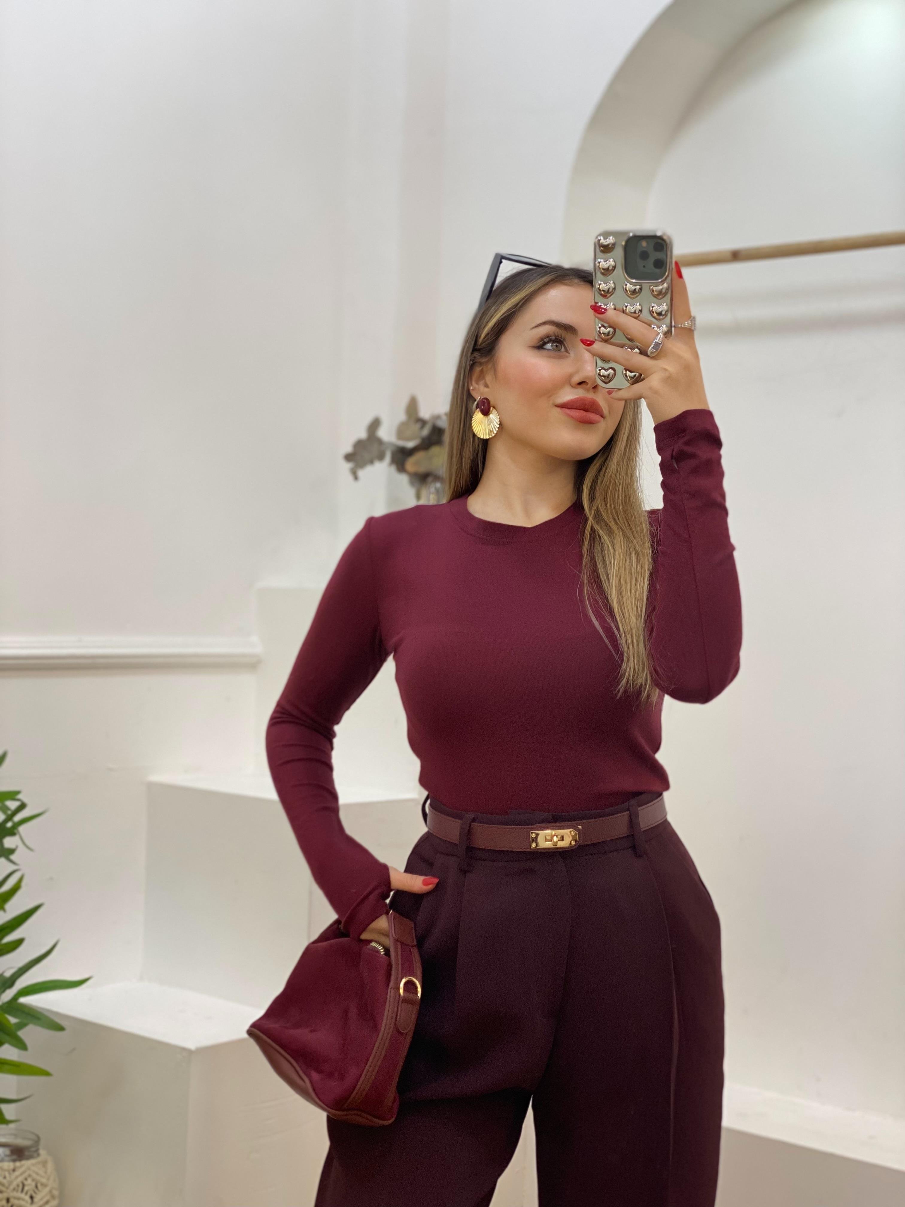 Bordo Parmak Geçirmeli Model Modal Kumaş Basic Bluz
