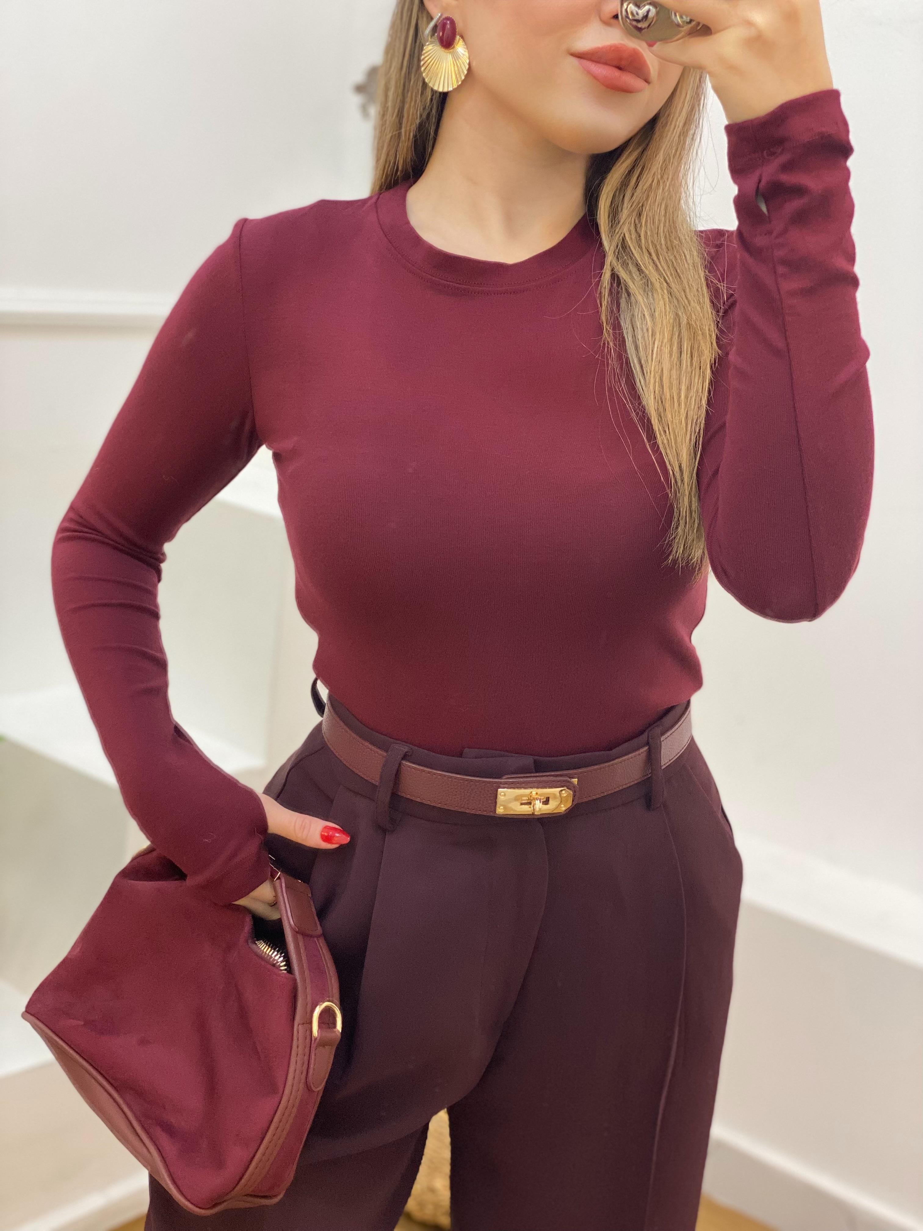 Bordo Parmak Geçirmeli Model Modal Kumaş Basic Bluz
