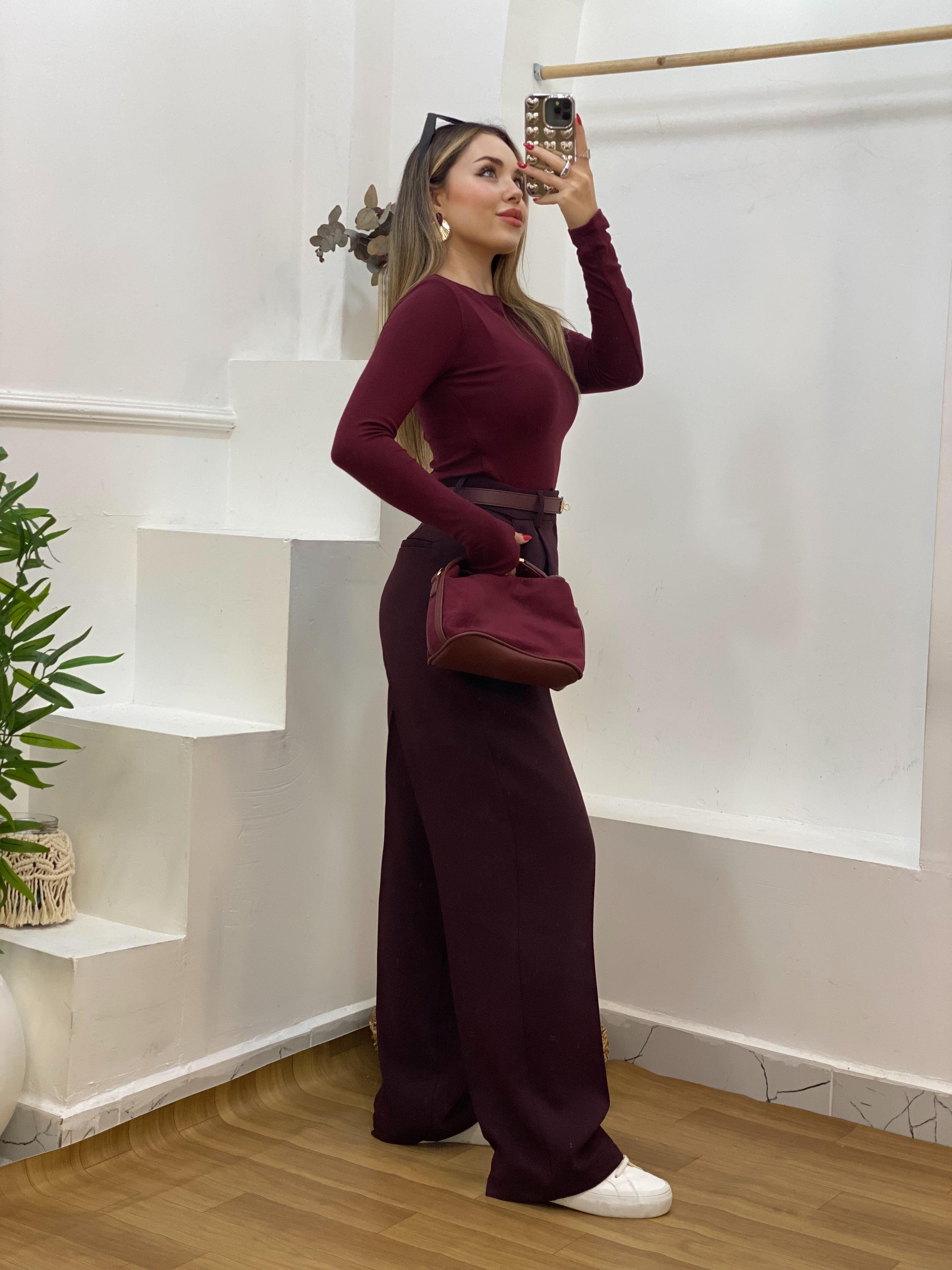 Bordo Parmak Geçirmeli Model Modal Kumaş Basic Bluz