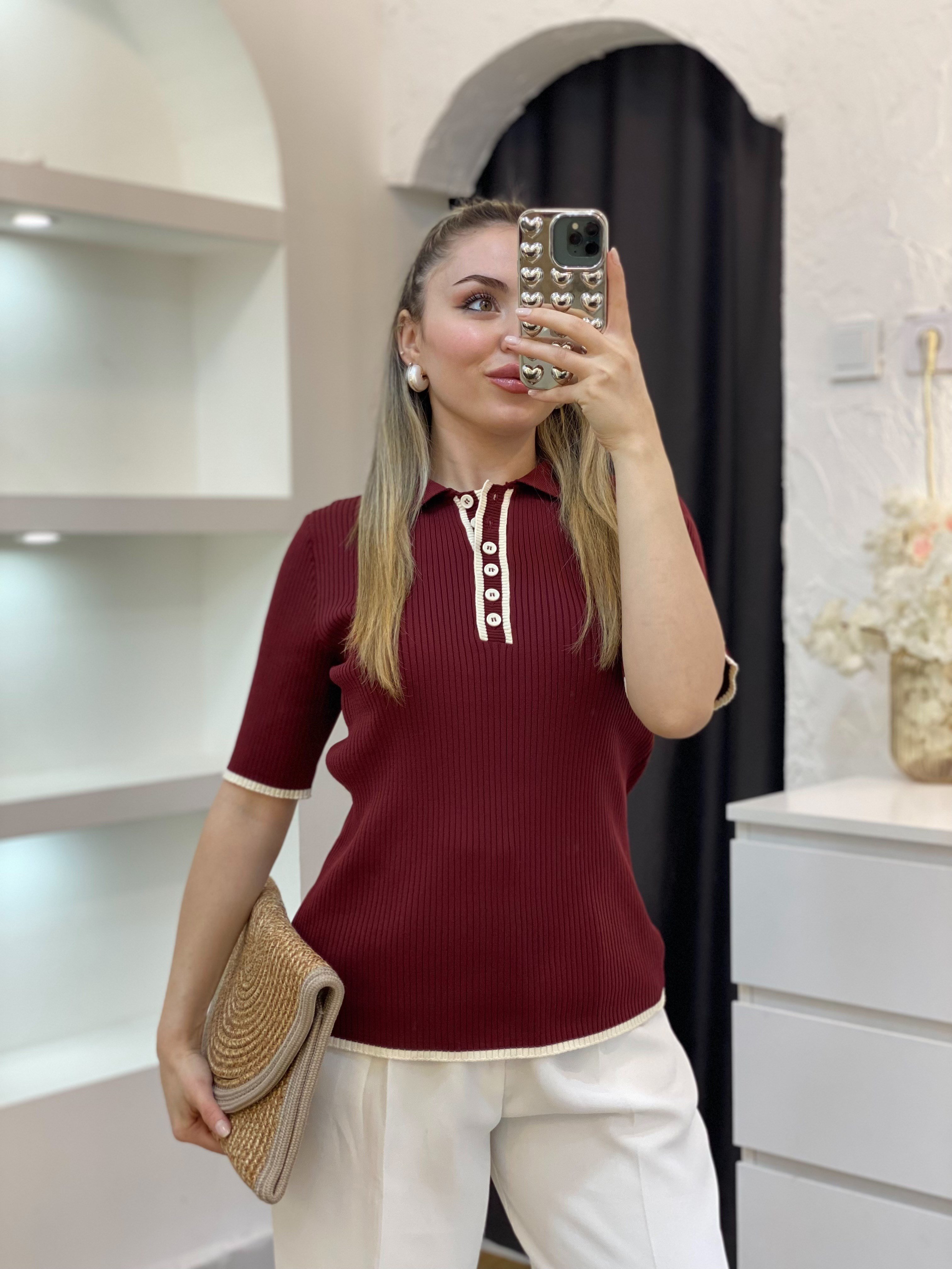 Bordo Polo Yaka Elit Triko Bluz