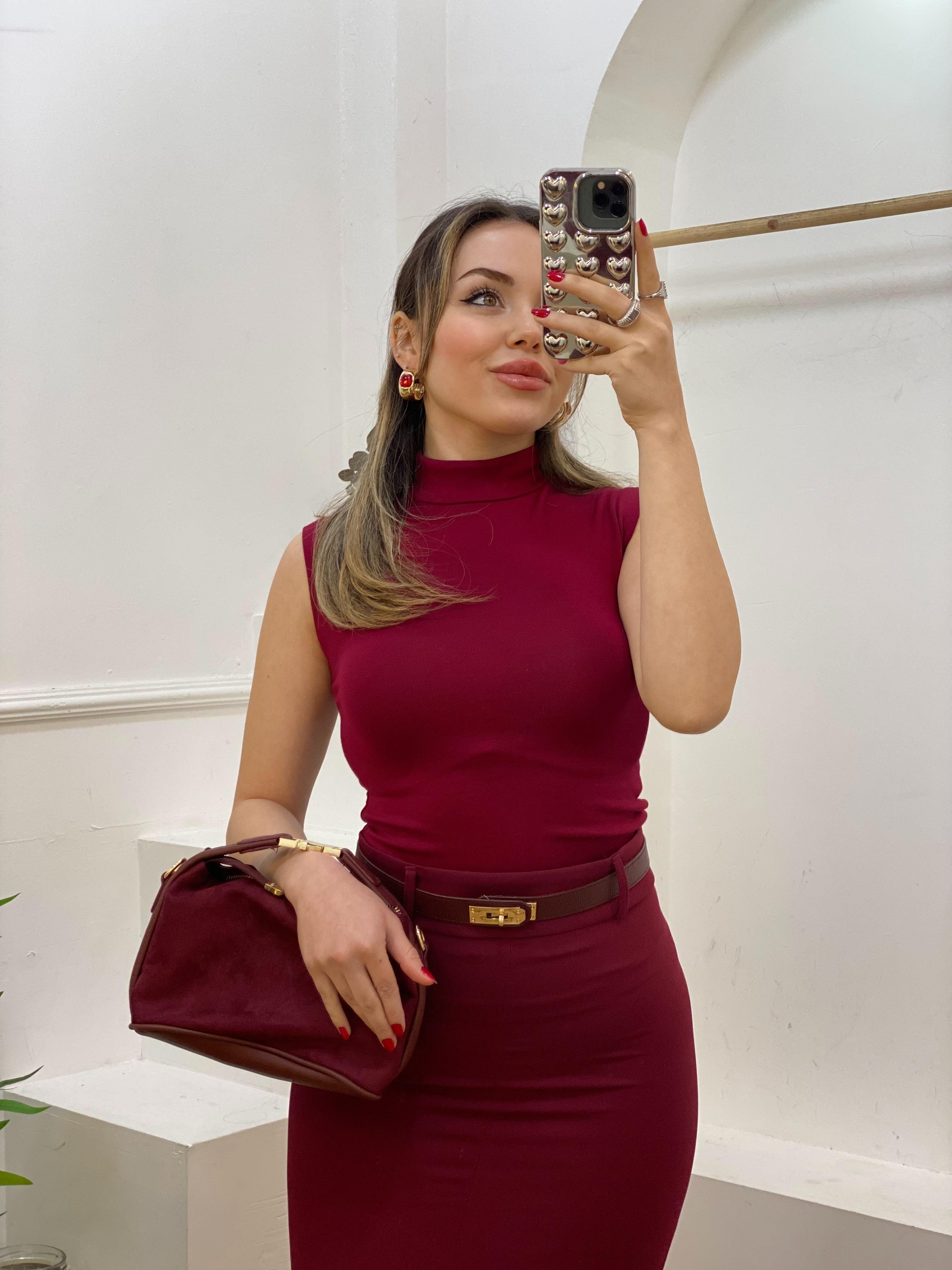Bordo Renk Boğazlı Modal Kumaş Kolsuz Basic Bluz
