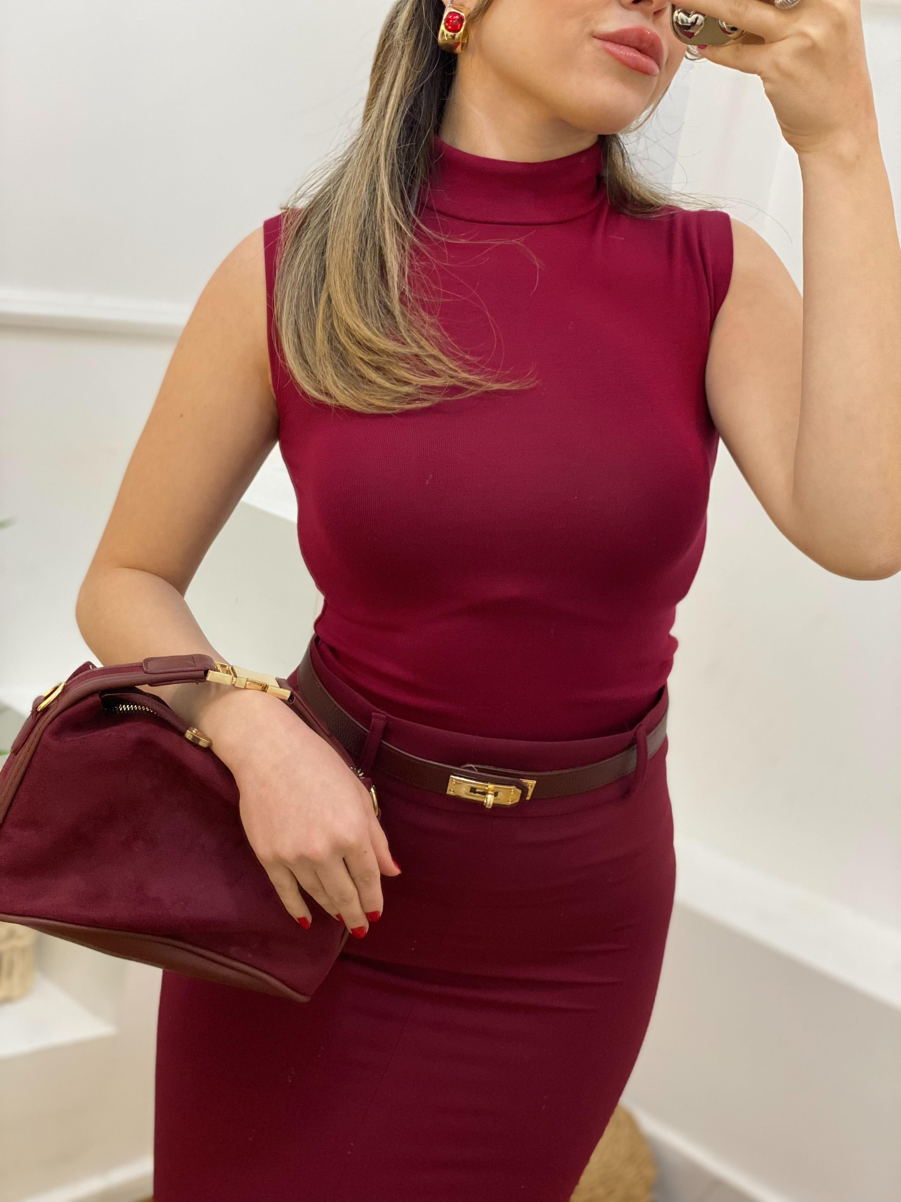Bordo Renk Boğazlı Modal Kumaş Kolsuz Basic Bluz